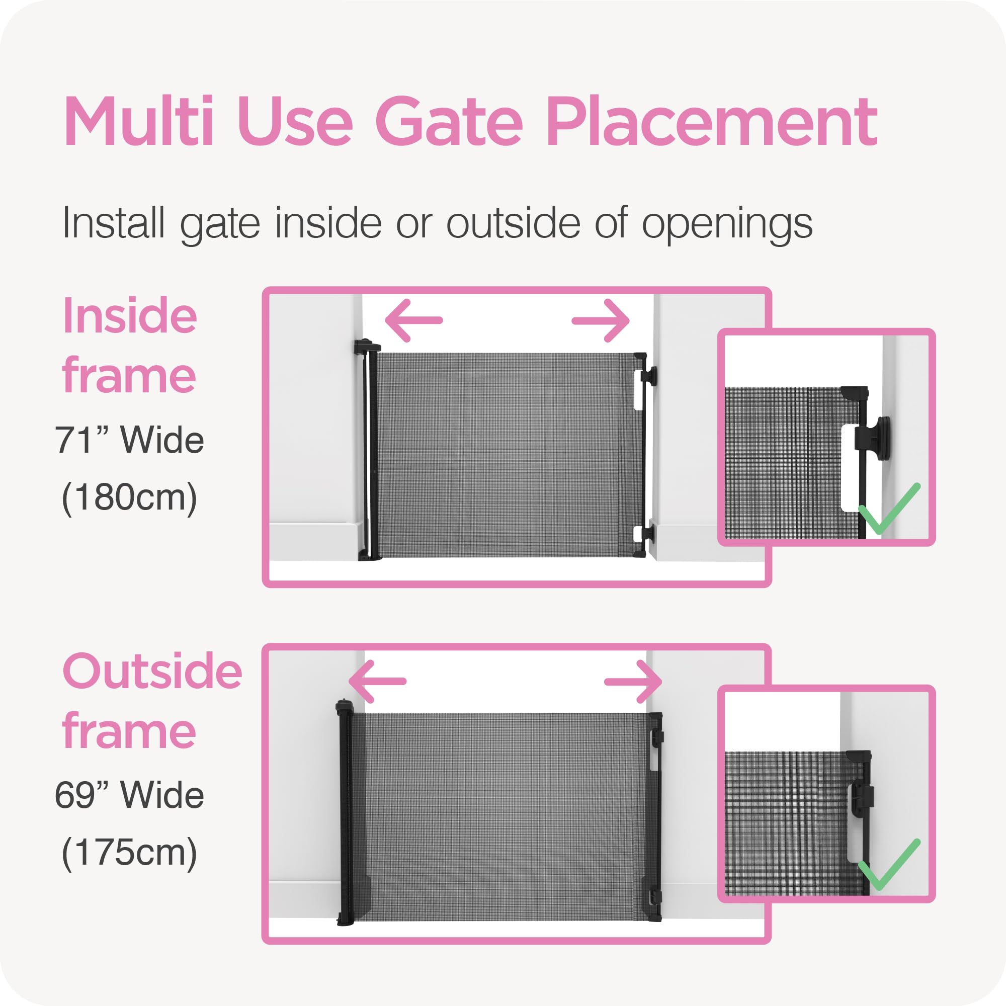 Retractable Baby Gate Perma Child Safety 33' Tall X 71” Wide, Mesh, For Stairs, Doorways, Dogs, Pets, Indoor, Outdoor, One-Handed Operation, Locking, Easy Install, Hardware Mount, Gray