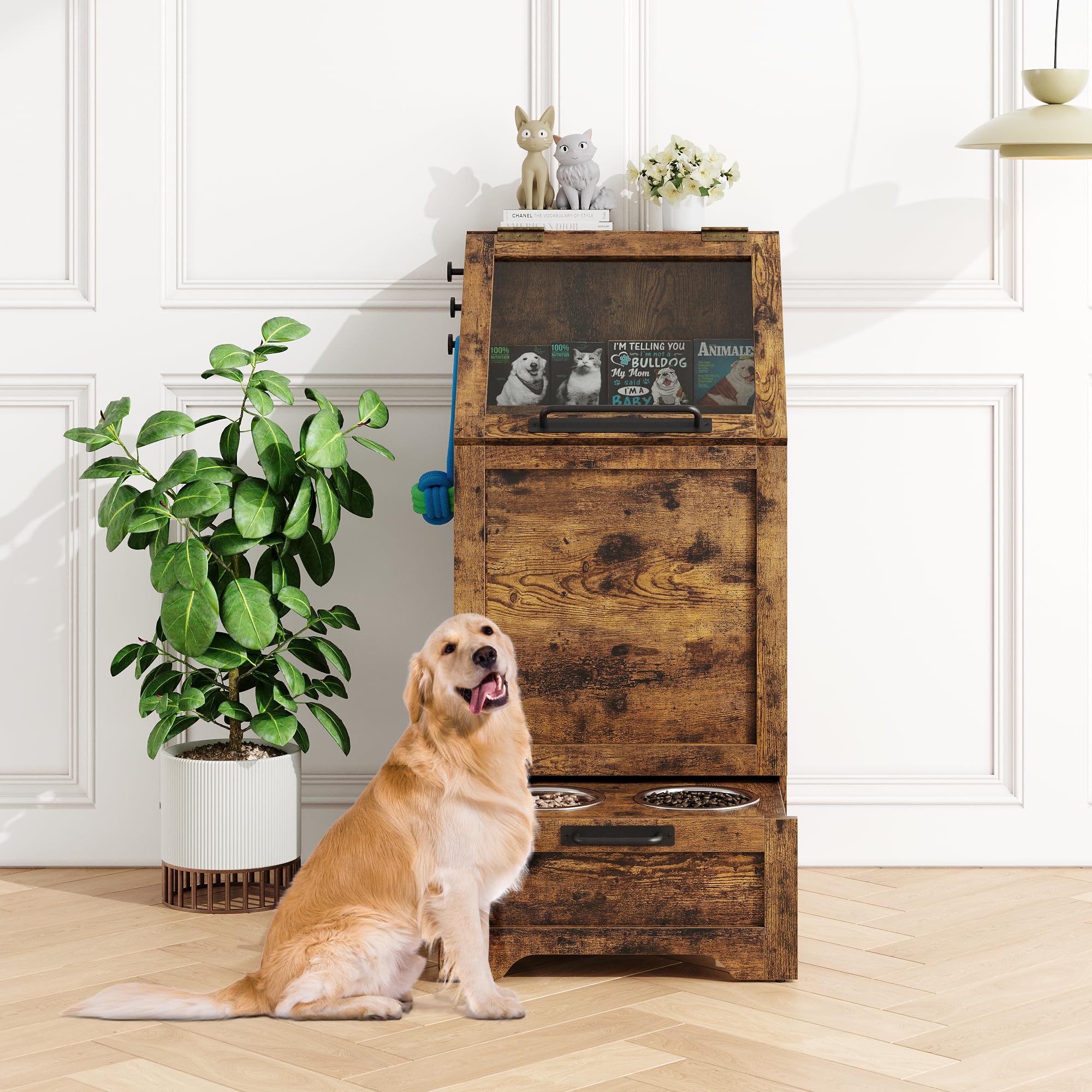 STMHOM Modern Pet Feeding Station Furniture with 2 Elevated Dog Bowls, Pet Food Cabinet,Flip Top Dog Feeding Station,Dog Food St