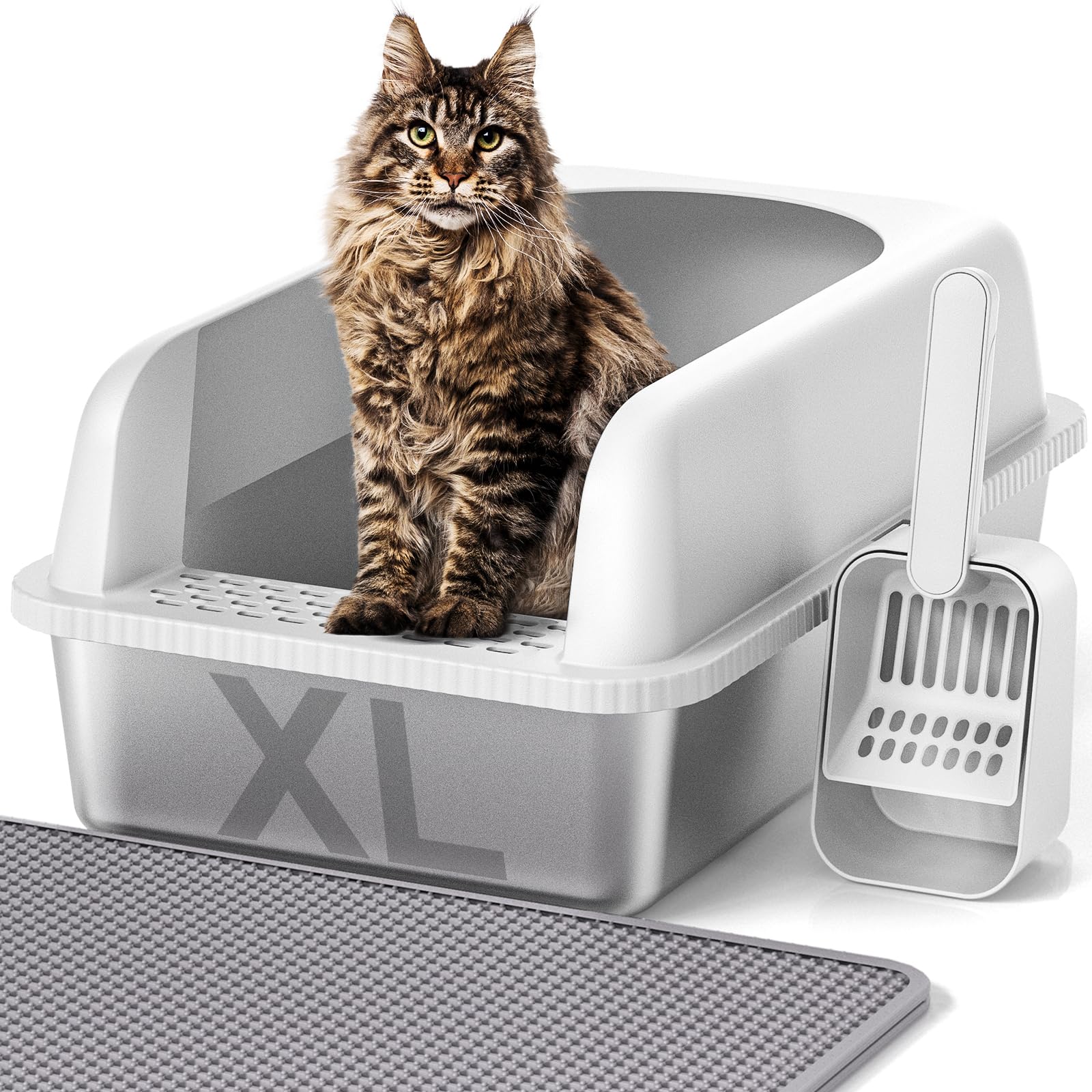 Henkelion Stainless Steel Cat Litter Box with Lid, 24 L x 16 W x 11.8 H, Extra Large Litter Box for Big Cats with High Sided, An