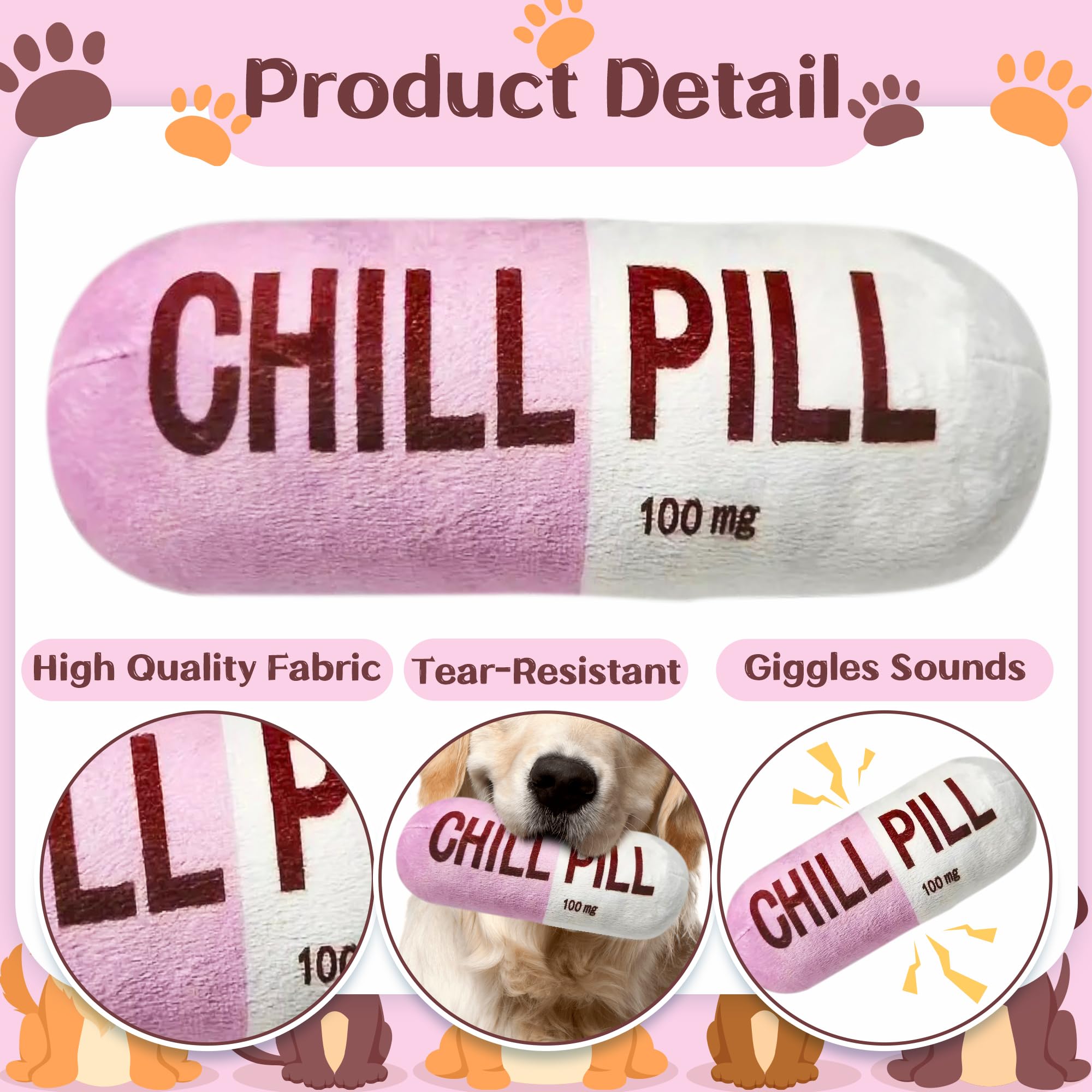 Cuweipeng Funny Dog Squeaky Toy - Pink Chill Pill Capsule Shaped Teething Squeak Plush Pet Toy Bite Kick Indoor Interactive Trai