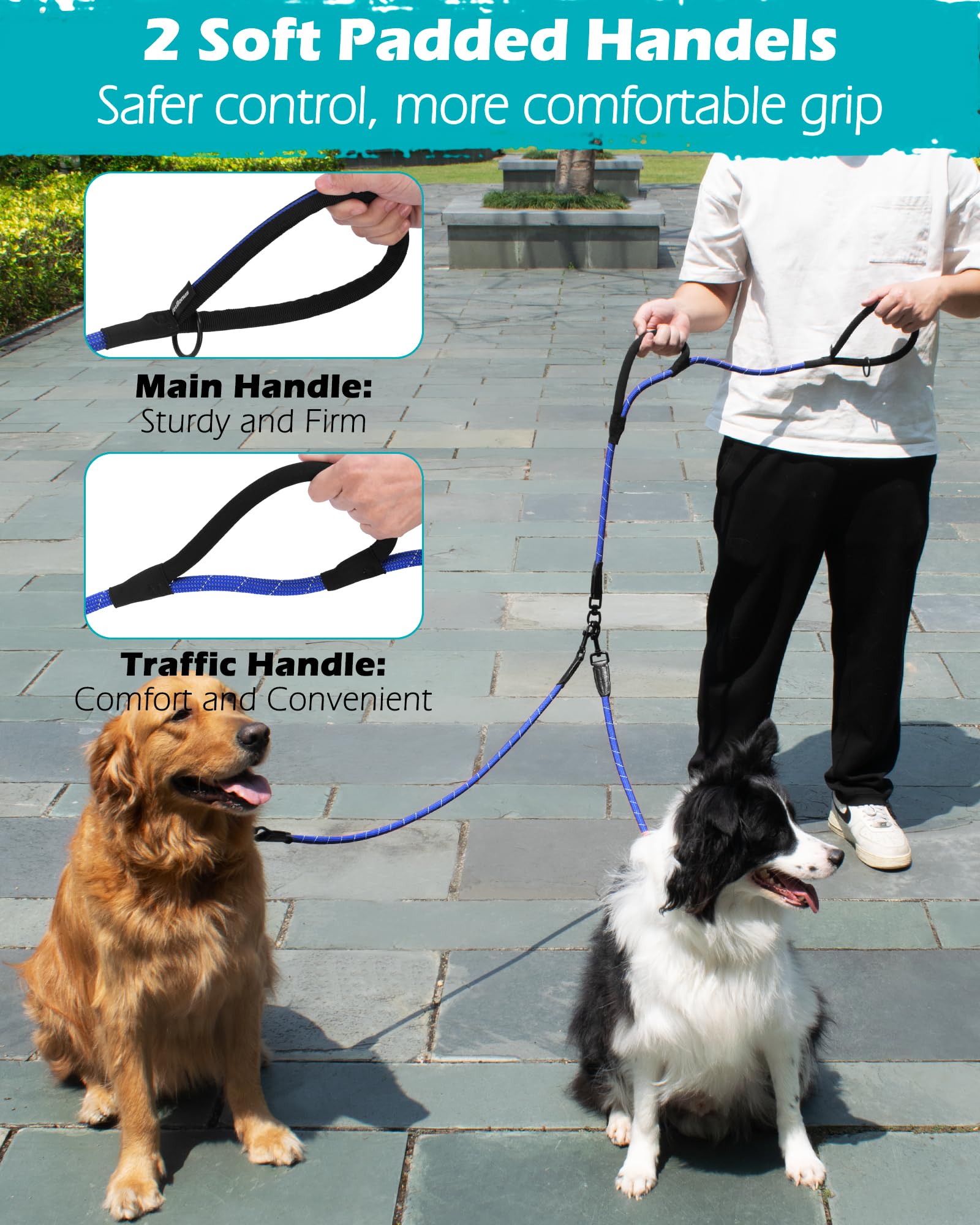 Petbonus Rope Double Dog Leash, No Tangle Dual Leash, Reflective Walking Training Lead With Two Comfortable Padded Handles, Lead