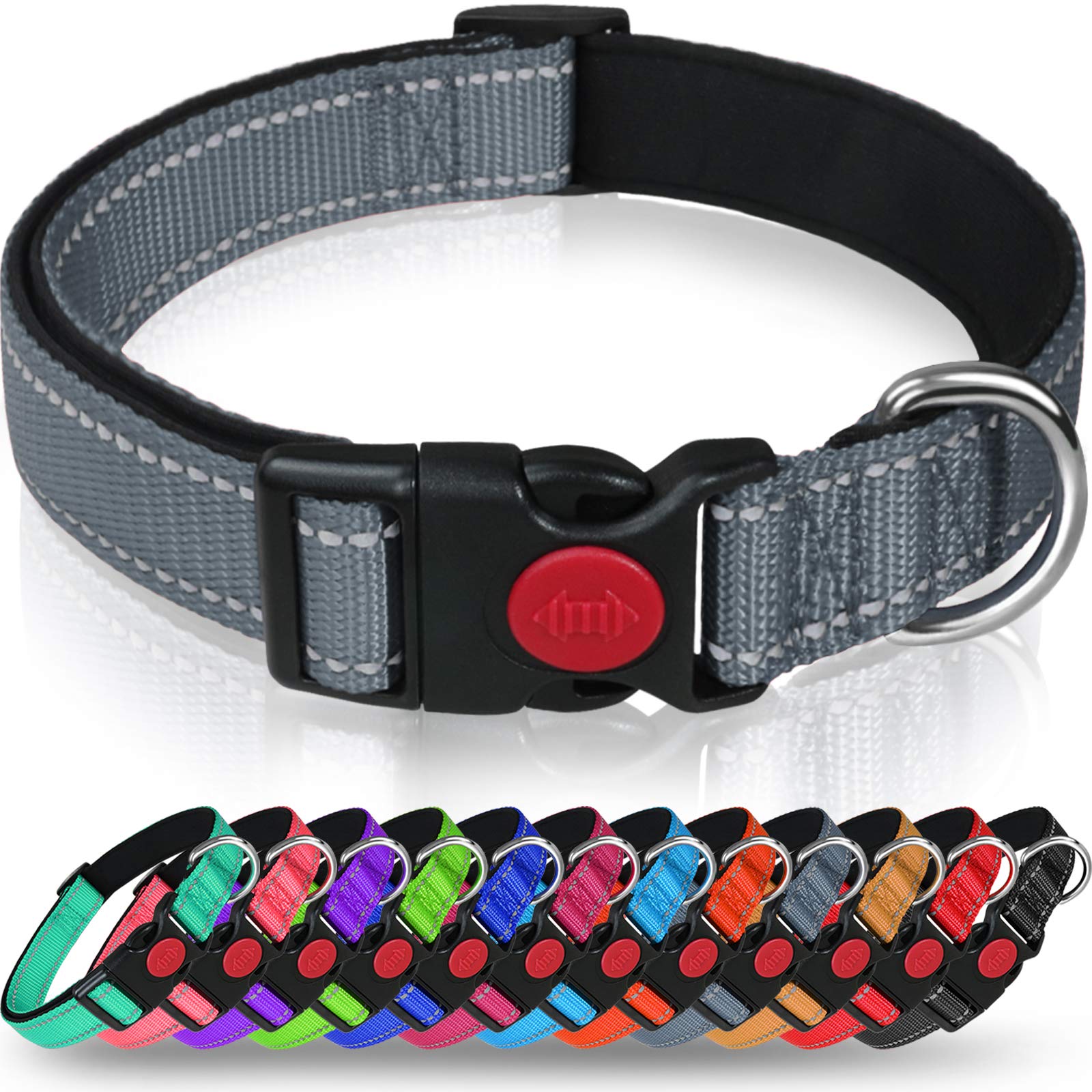 Taglory Reflective Dog Collar With Safety Locking Buckle, Adjustable Nylon Pet Collars For Medium Dogs, Grey
