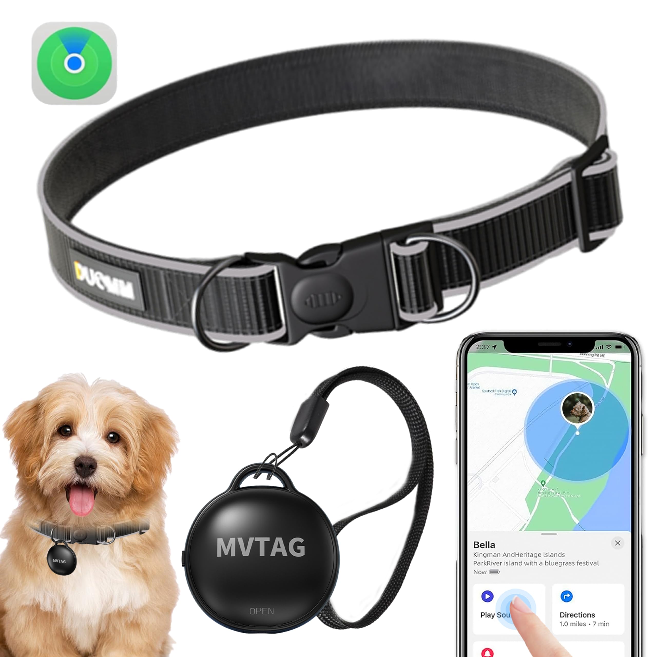 Dog Tracker GPS Collar No Monthly Fee, Real-Time Mini Pet Tracker for Small Medium Large Dogs, Reflective Waterproof Dog Trackin