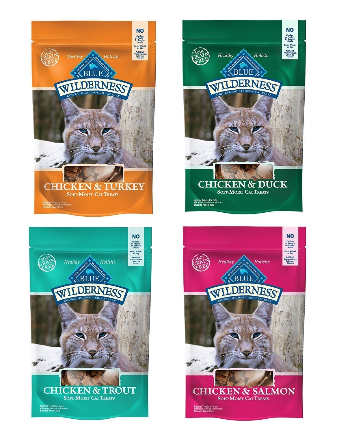Blue Buffalo Wilderness Soft-Moist Grain-Free Cat Treats Variety Pack - 4 Flavors (Chicken & Duck, Chicken & Trout, Chicken & Sa