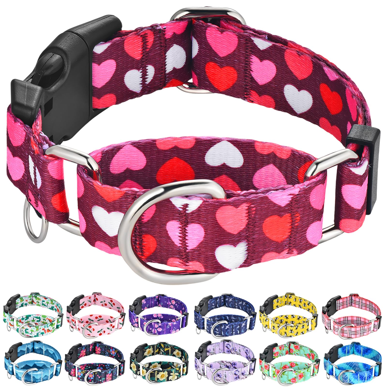 Fidohug Valentines Pink Martingale Collar For Dogs With Buckle Adjustable Heart Dog Collars (Burgundy Love, Small)