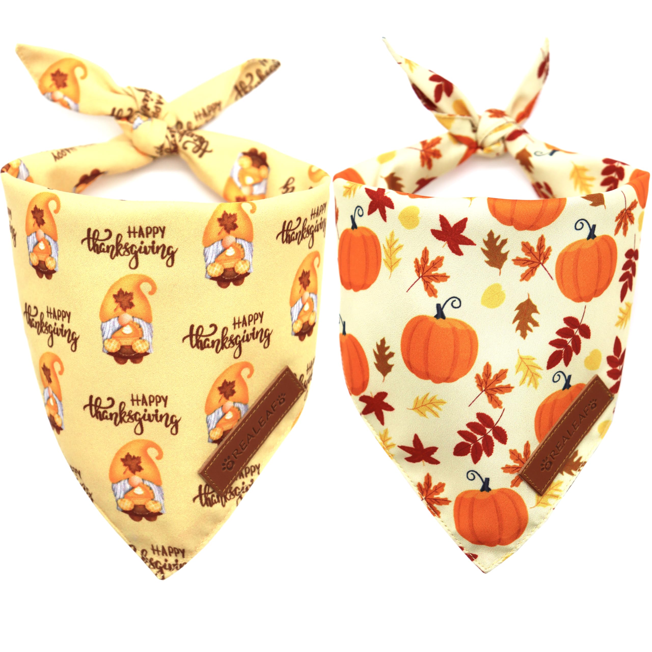 Realeaf Thanksgiving Dog Bandanas 2 Pack, Pumpkins And Happy Thanksgiving Pet Scarf For Boy And Girl, Premium Durable Fabric, Reversible Holiday Bandana For Medium And Large Dogs Pets (Large)