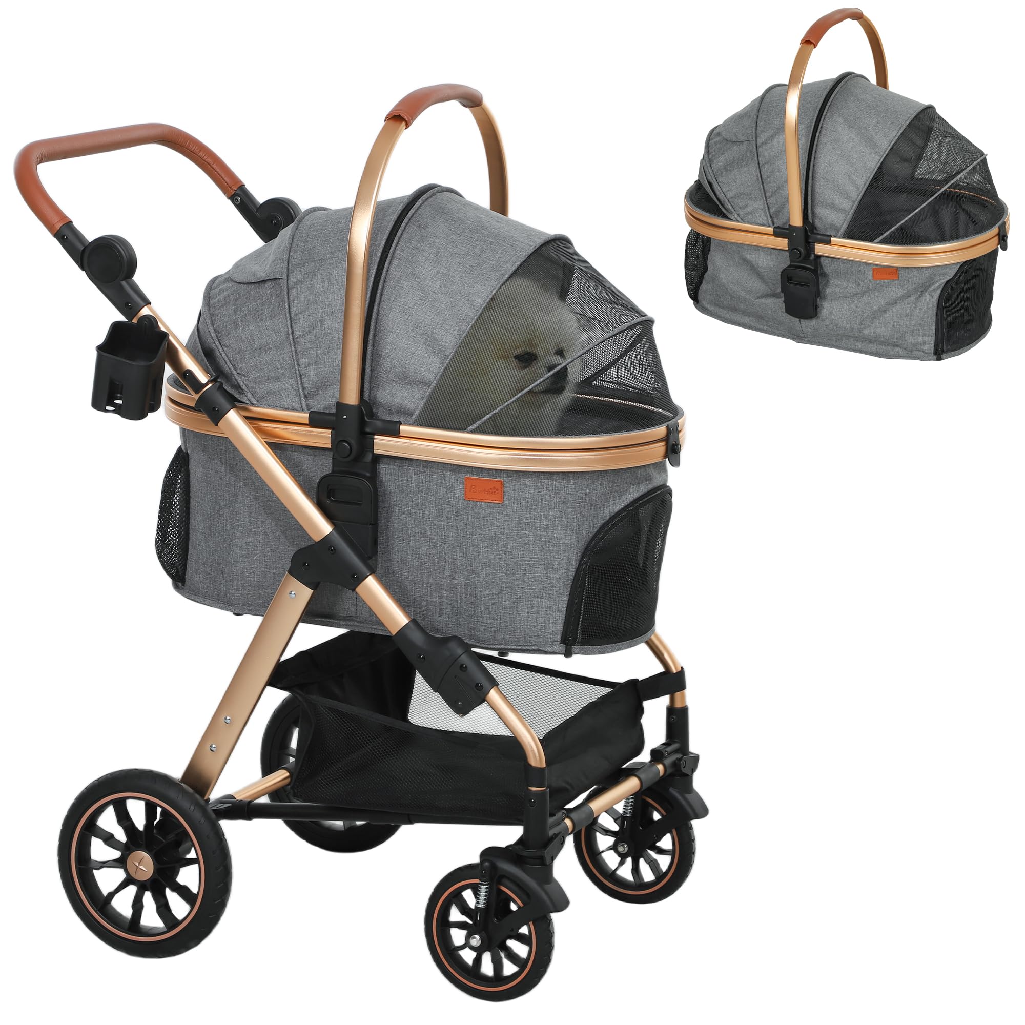 Pawhut 3 In 1 Dog Stroller With Detachable Cabin, 4 Wheel Folding Lightweight Pet Stroller With Adjustable Canopy, Rubber Wheels