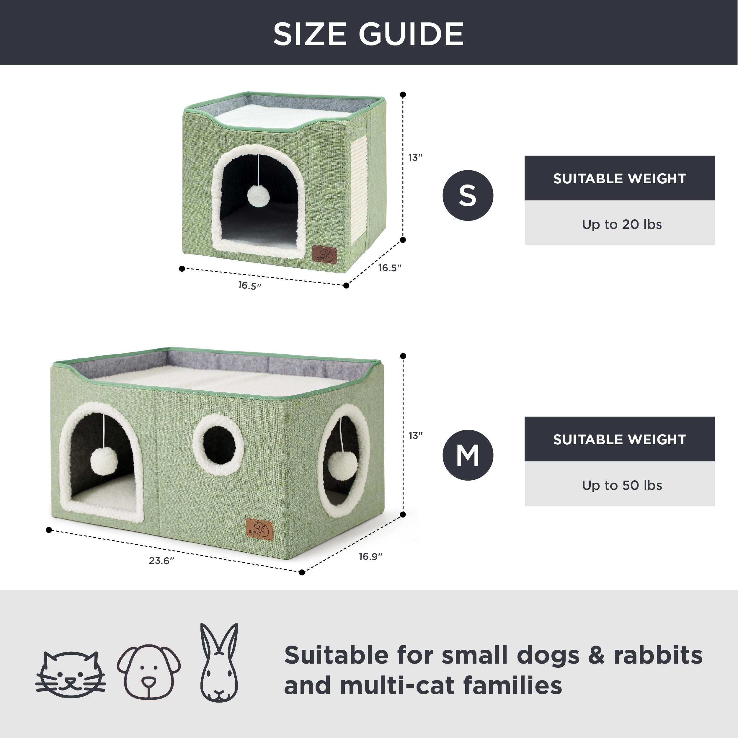 Bedsure Extra-Wide Cat House - Foldable Cat Cave with Scratch Pad, 23.6x16.9x13 inches, Green, Polyester, Model US000125N0M