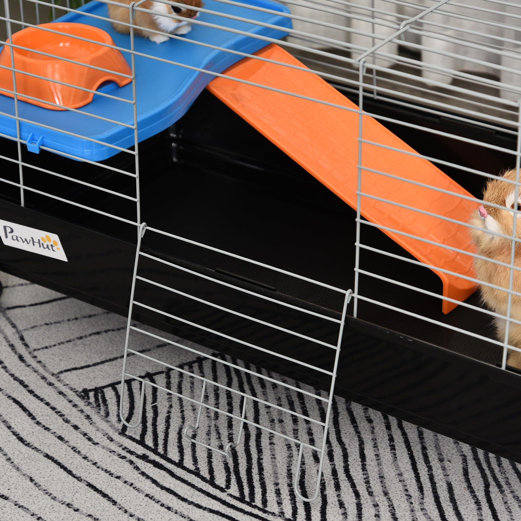 PawHut 35 L Small Animal Cage, Rolling Bunny Cage, Guinea Pig Cage with Food Dish, Water Bottle, Hay Feeder, Platform, Ramp for