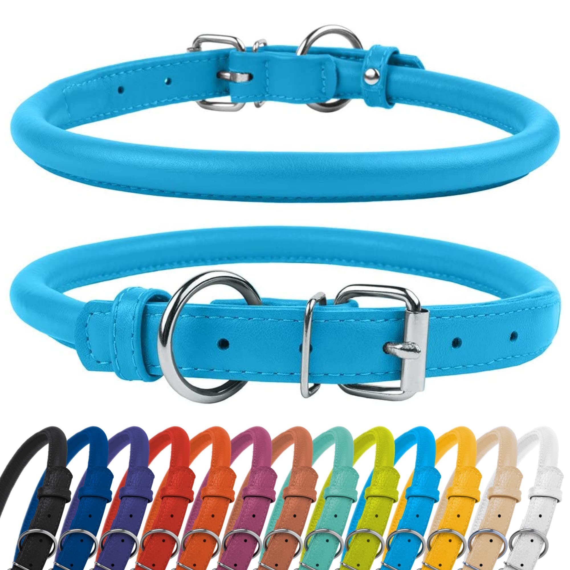 CollarDirect Rolled Leather Dog Collar, Soft Padded Round Puppy Collar, Handmade Genuine Leather Collar Dog Small Large Cat Coll