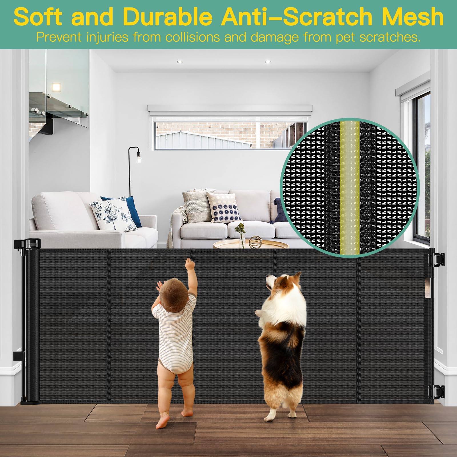 Reinforced 60 Wide Retractable Baby Gates with Upgraded Rods - Bottom Anti-Escape, 5 ft Mesh Baby Gate Retractable Dog Gate Indo