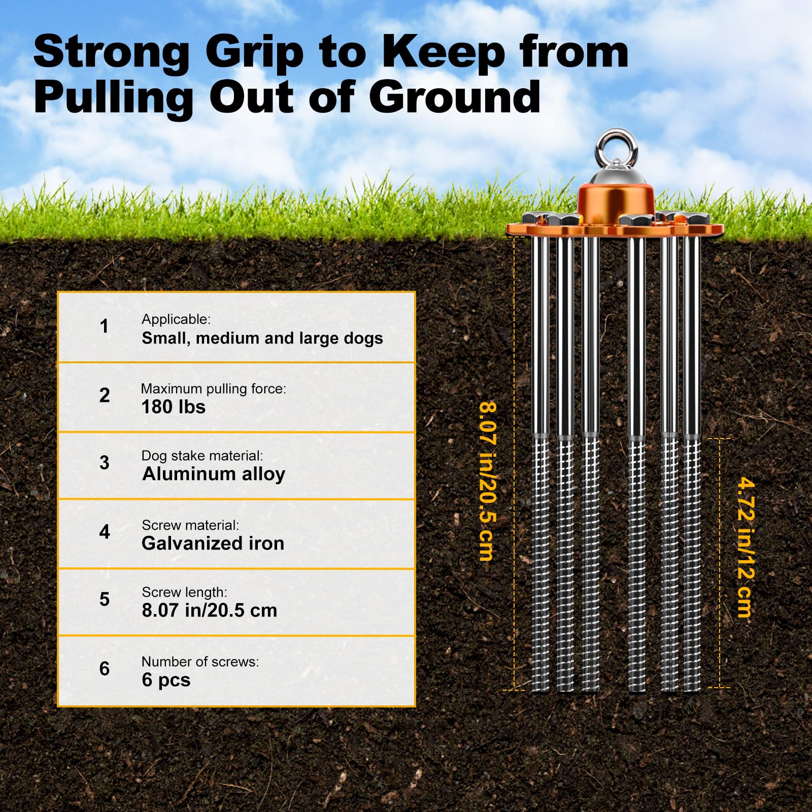 Tivray Dog Tie Out Stake, 360 Swivel Stake No Tangle, Heavy Duty Tether for Yard (No Cable) with 6 Strong Screw Anchors Hold up