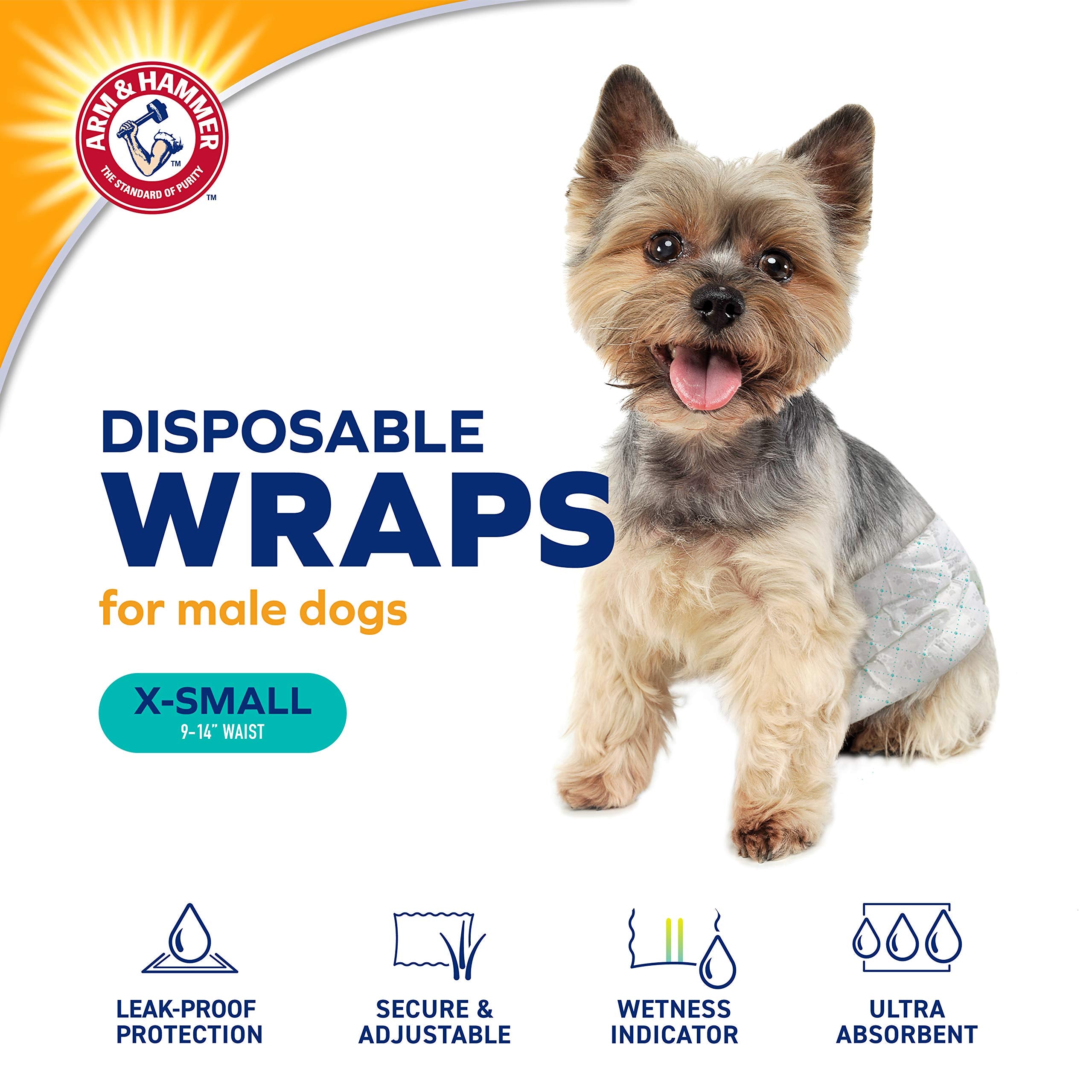 Arm & Hammer for Pets Male Dog Wraps, X-Small 12ct | Super Absorbent Dog Wraps for Male Dogs | Arm & Hammer Baking Soda Enhanced