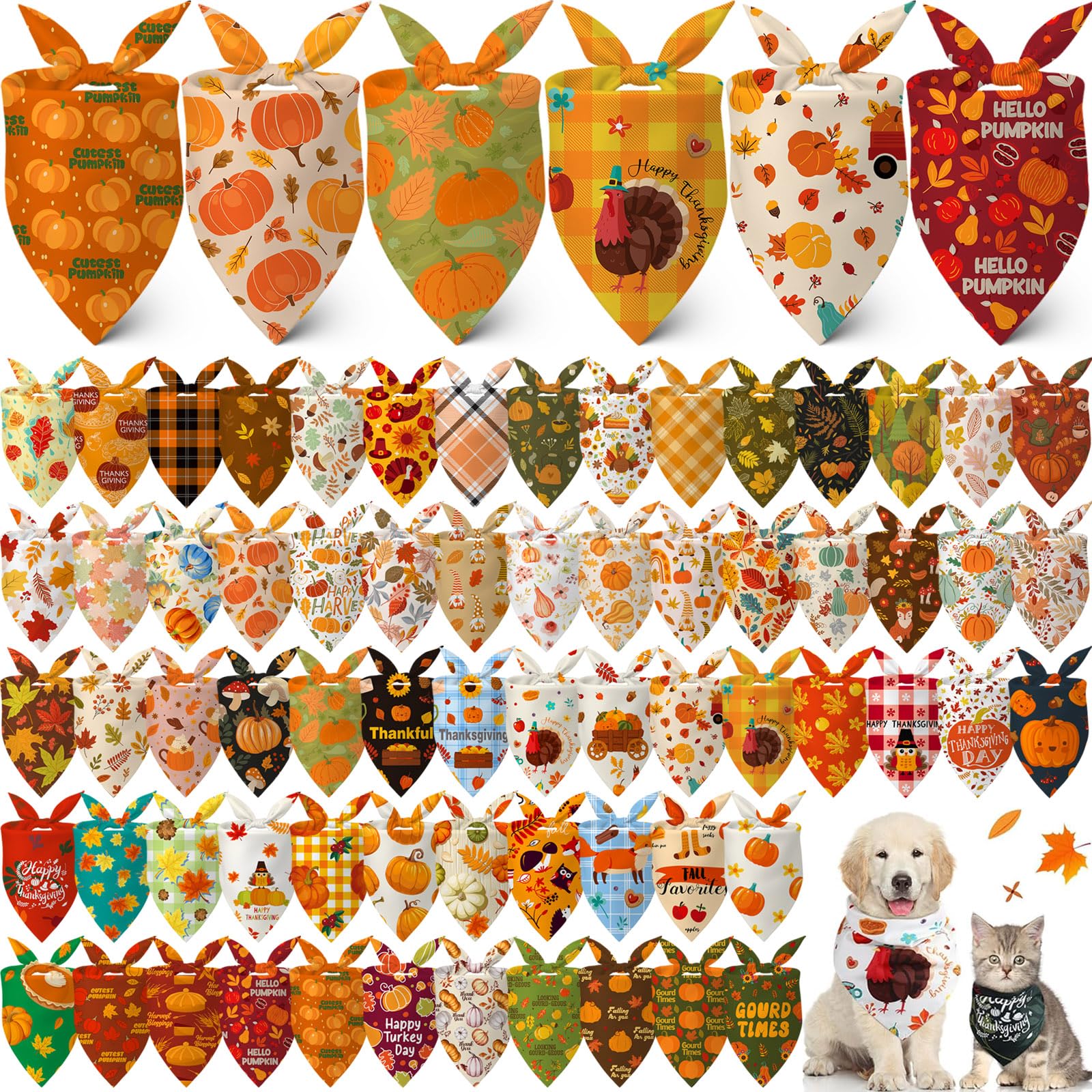 Lasnten 70 Pcs Fall Dog Bandanas Bulk Pumpkin Maple Leaves Bandana for Dogs Thanksgiving Pet Bibs Scarf for Small Medium Large A