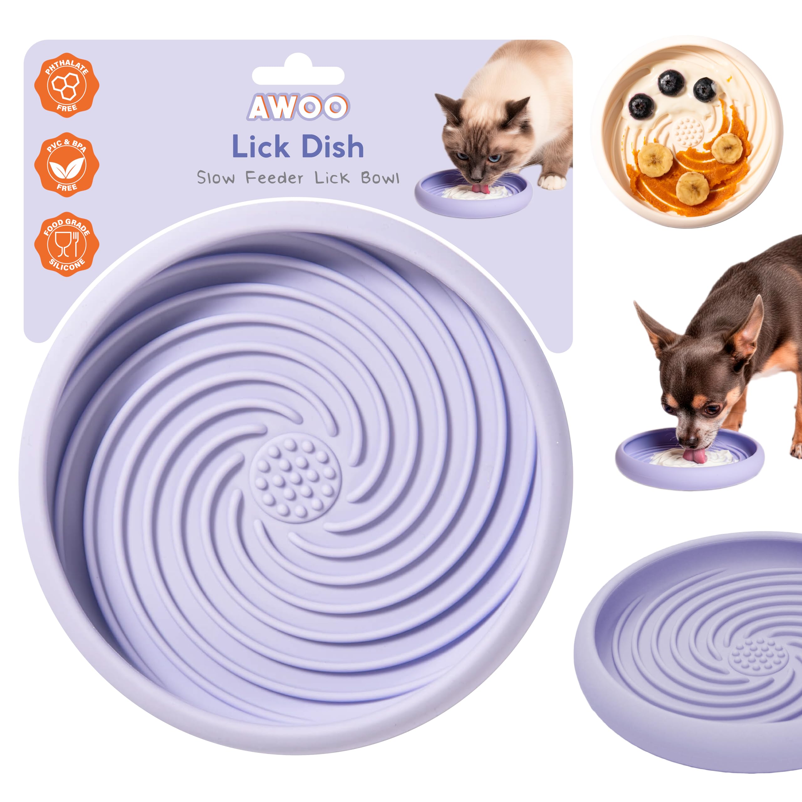 Awoo Lick Dish Silicone Dog & Cat Lick Mat & Slow Feeder with Suction Cups, Non-Slip, Dishwasher Safe, Extend Mealtime, Reduce A