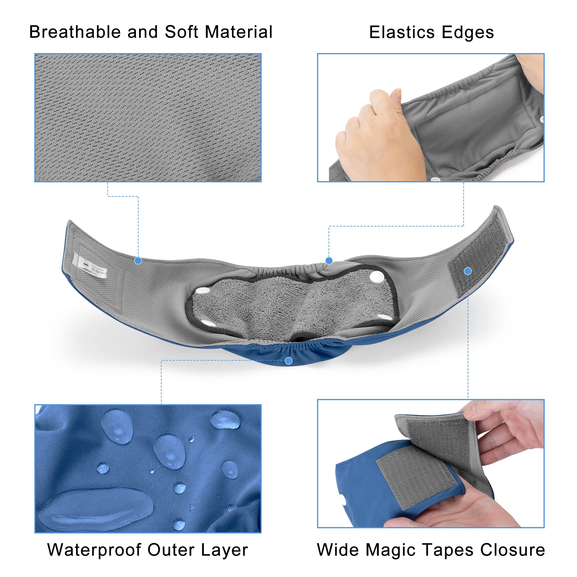 Teamoy Belly Bands For Male Dogs With Removable Pads, Reusable Washable Puppy Dog Diaper Wraps With Gray Lining(Pack Of 3),S