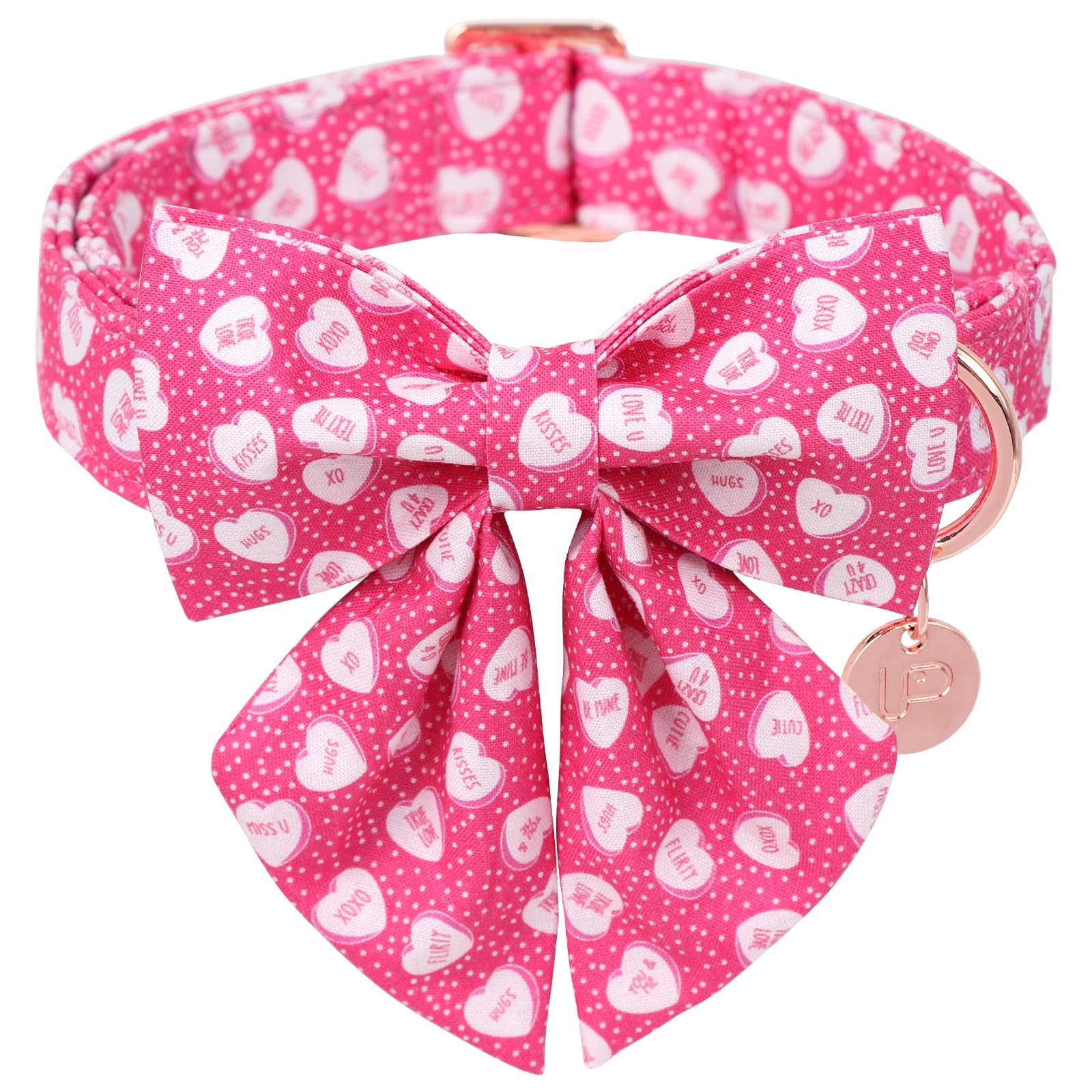 Up Urara Pup Valentines Dog Collar With Bow Tie, Pink Heart Bowtie Collar With Metal Buckle, Valentines Gift Pet Collar For Pupp