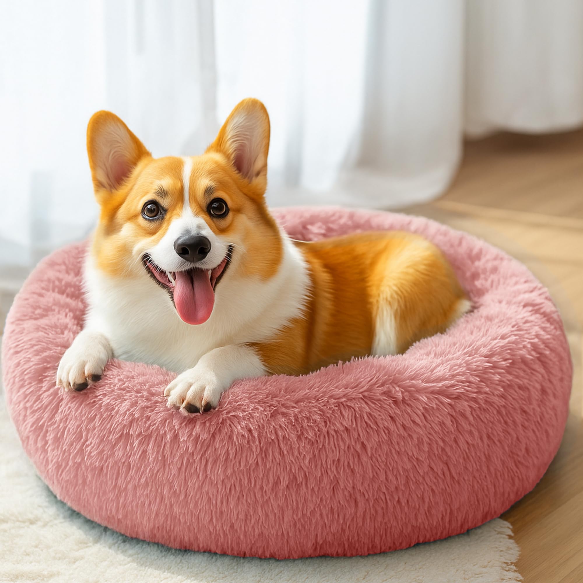 28in Large Dog Bed, Medium Size Dog and Cats, Calming Donut Bed for Puppy and Kitten, Washable Round Fluffy Pet Bed (Pink)