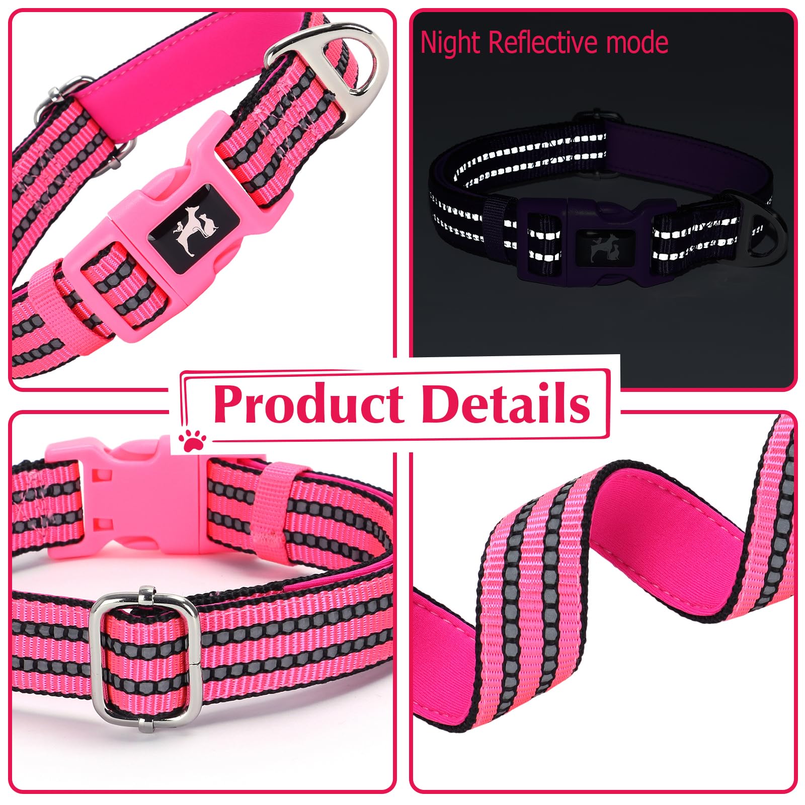 Onefojojo Pink Girl Dog Collar,Reflective Dog Collars With Soft Neoprene Breathable Quick Release Basic Dog Collars For Medium L