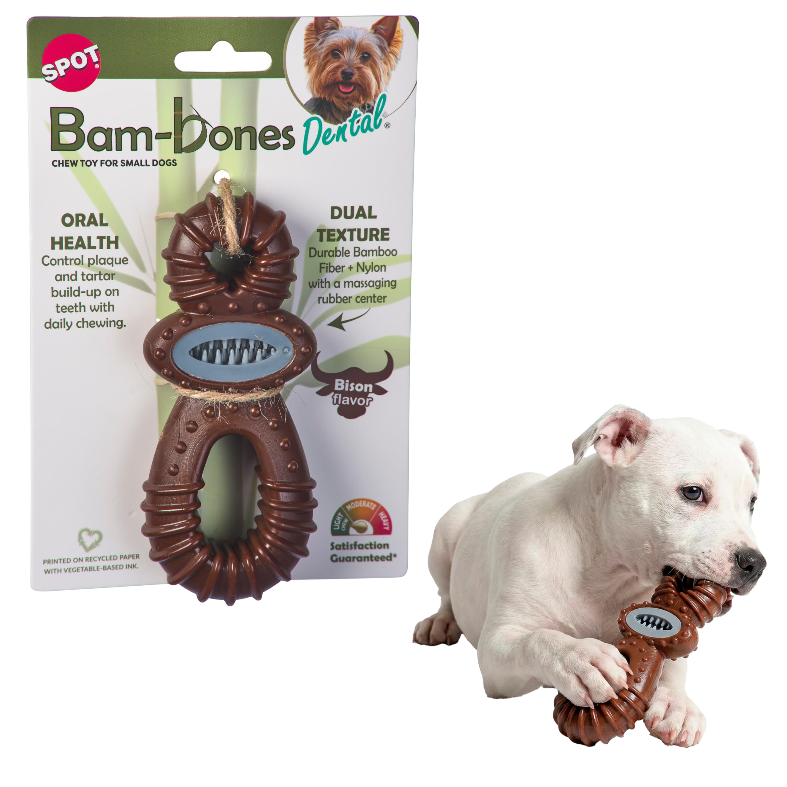 Spot BamBones Dental Pacifier Dog Chew Toy, Bison Flavor, Bamboo Fiber & Nylon With Massaging Rubber Center, Durable Oral Care 