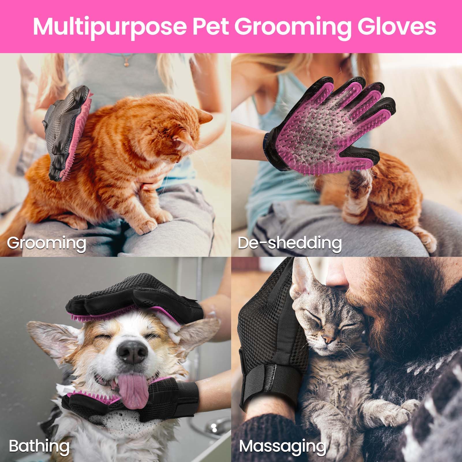 Delomo Pet Grooming Gloves, Upgrade Version With Enhanced 255 Silicone Grooming Tips, Hair Remover Mittens For Dogs & Cats, Bath Brush, 1 Pair (Pink)