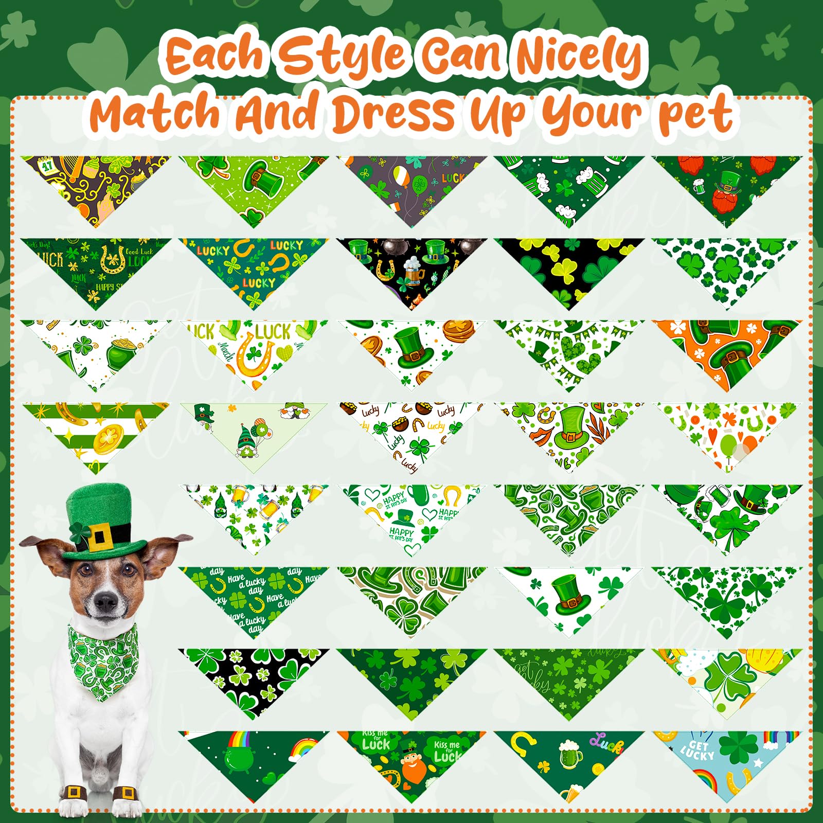 Reginary 72 Packs St. Patricks Day Dog Bandanas Bulk Shamrock St. Patricks Day Green Soft Dog Scarf Adjustable Pet Puppy Bibs
