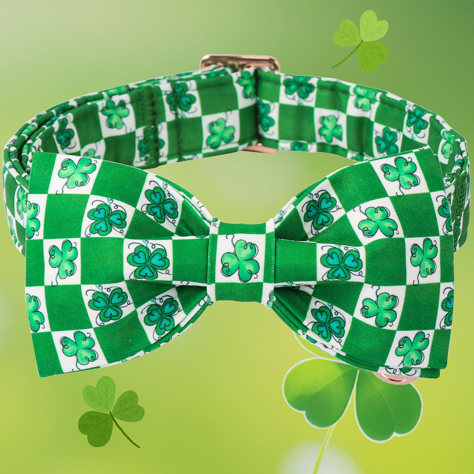 Dogwong St.Patrick'S Day Dog Collar Green Clovers Plaid Bowtie Dog Necklace Adjustable Dog Collar Bow Tie For Small Medium Large