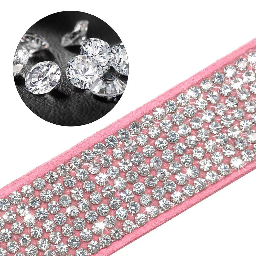 Beirui Rhinestone Bling Leather Dog Collar And Leash Set - Soft Flocking Sparkly Crystal Diamonds Studded - Cute Double Bowknot Collar With 4 Foot Leash For Pet Show,Pink,Neck Fit 10-12.5'