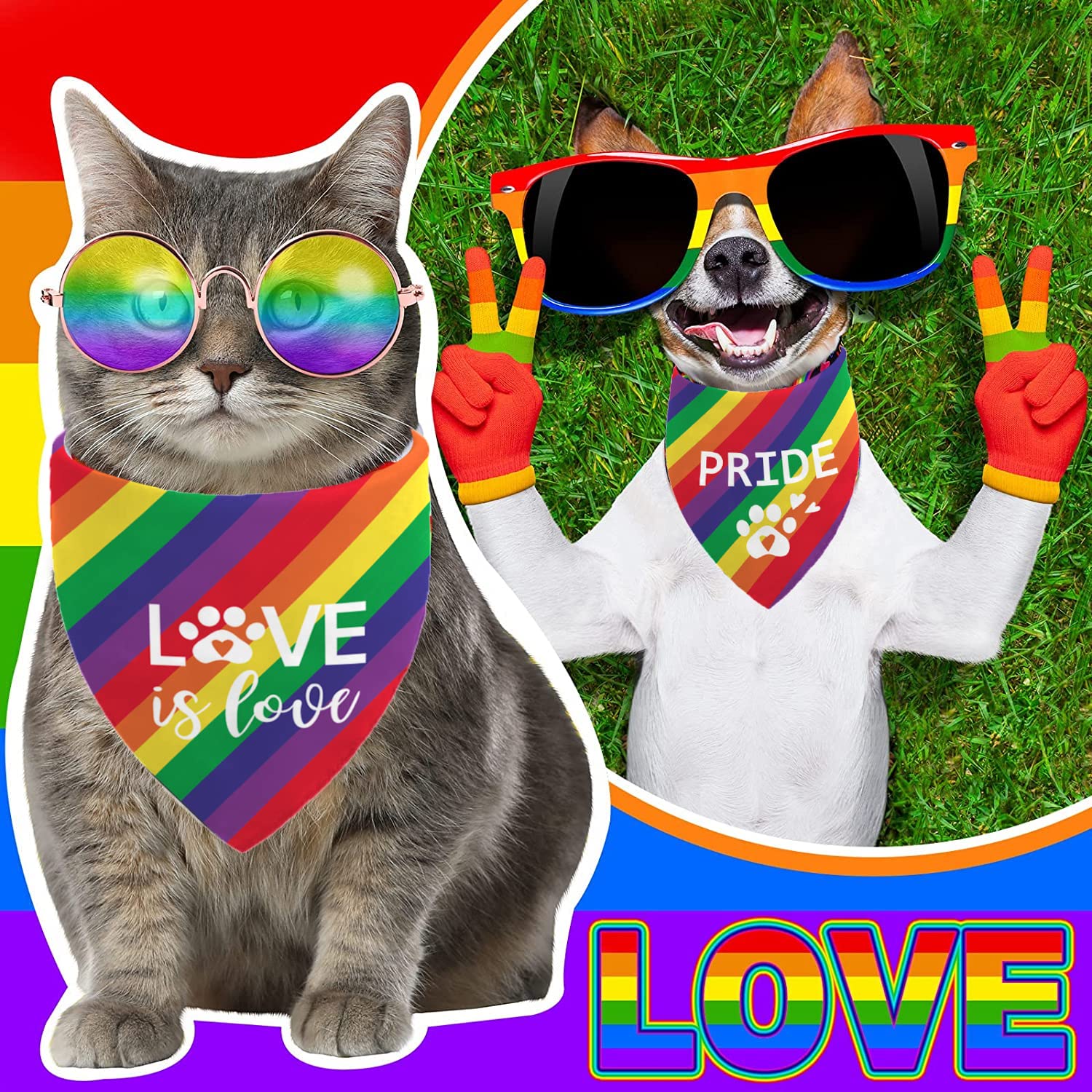 Pride Dog Bandanas Puppy Scarf - Lgbt Rainbow Dog Outfits - 2 Pcs Adjustable Triangle Double-Layer Reversible Pet Bandanas For S