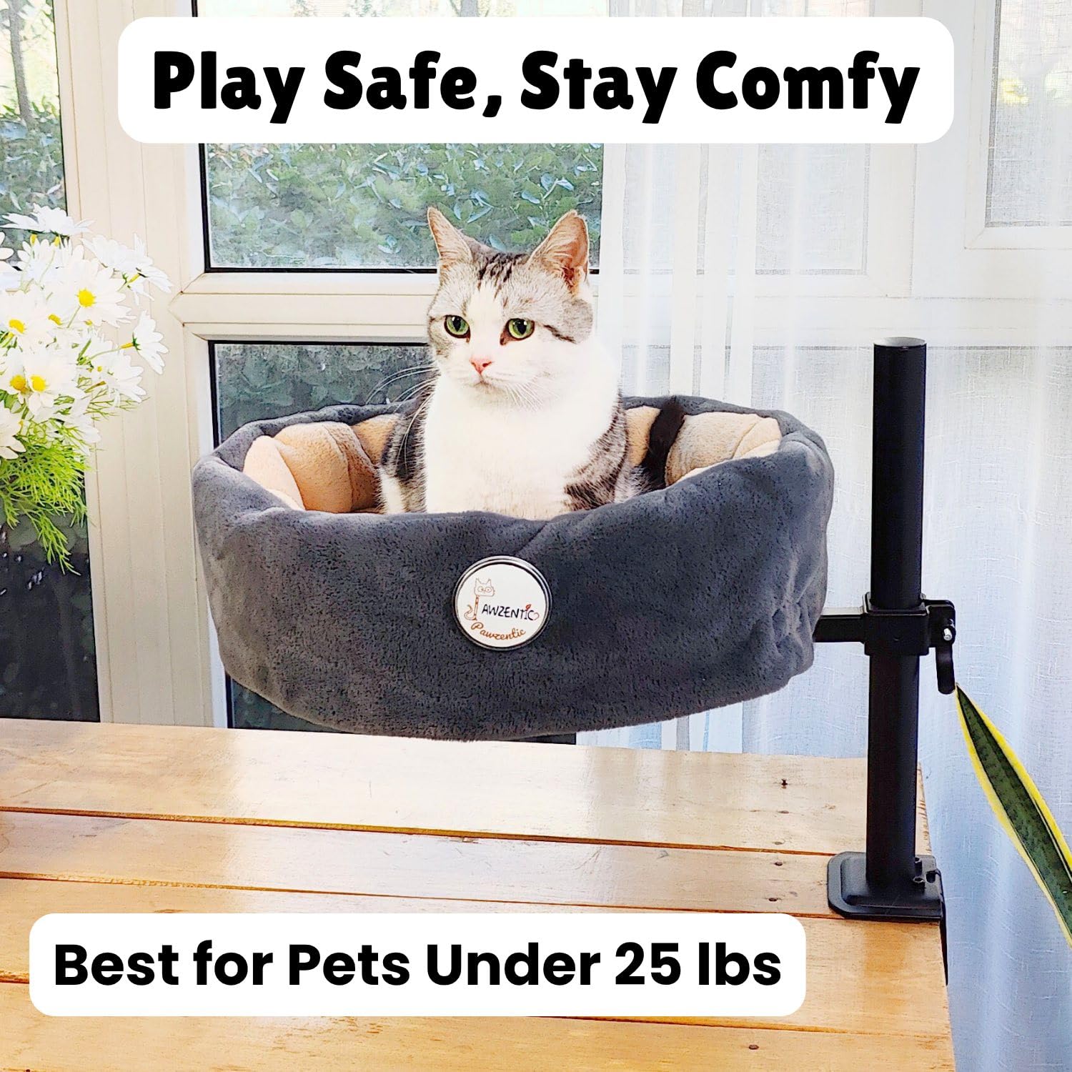Pawzentic Large Cat Desk Bed,One-Button Easy Lift & Rotate,360 Rotation,Extra Thick Cushion,Super Soft Plush Faux Fur Pet Bed,Ma