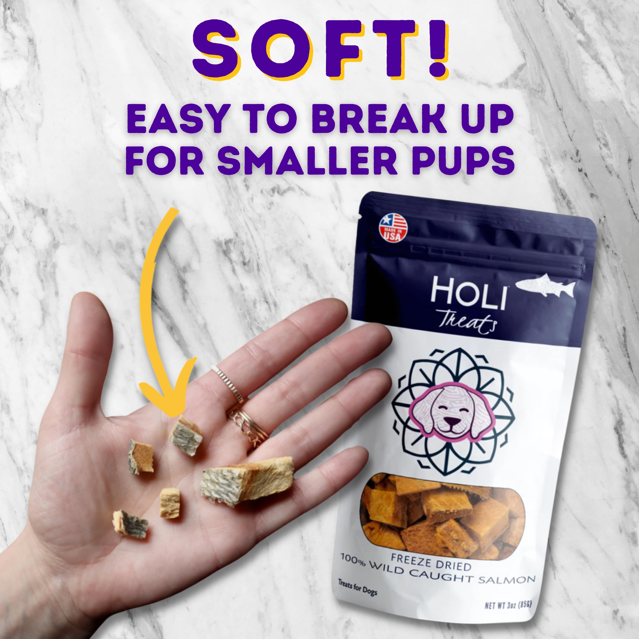 HOLI Freeze Dried Salmon Dog Treats - with Omega 3 and 6 Fish Oil - All Natural Dog Treats - Human Grade - Wild Caught Skin on S