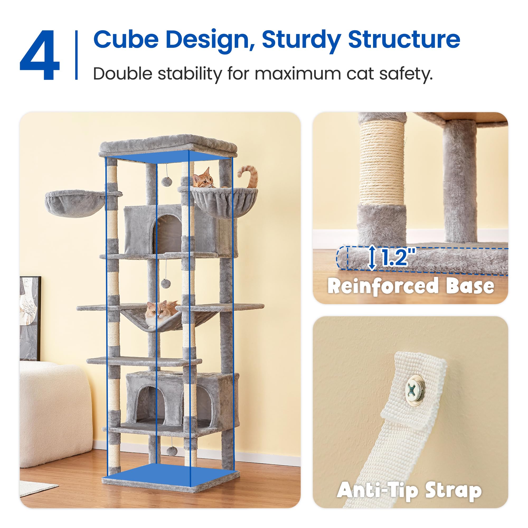 MWPO Extra Large Cat Tree, 77.6-Inch Tall, Light Grey, Engineered Wood, 2 Condos, 3 Hammocks, Model US-B871B