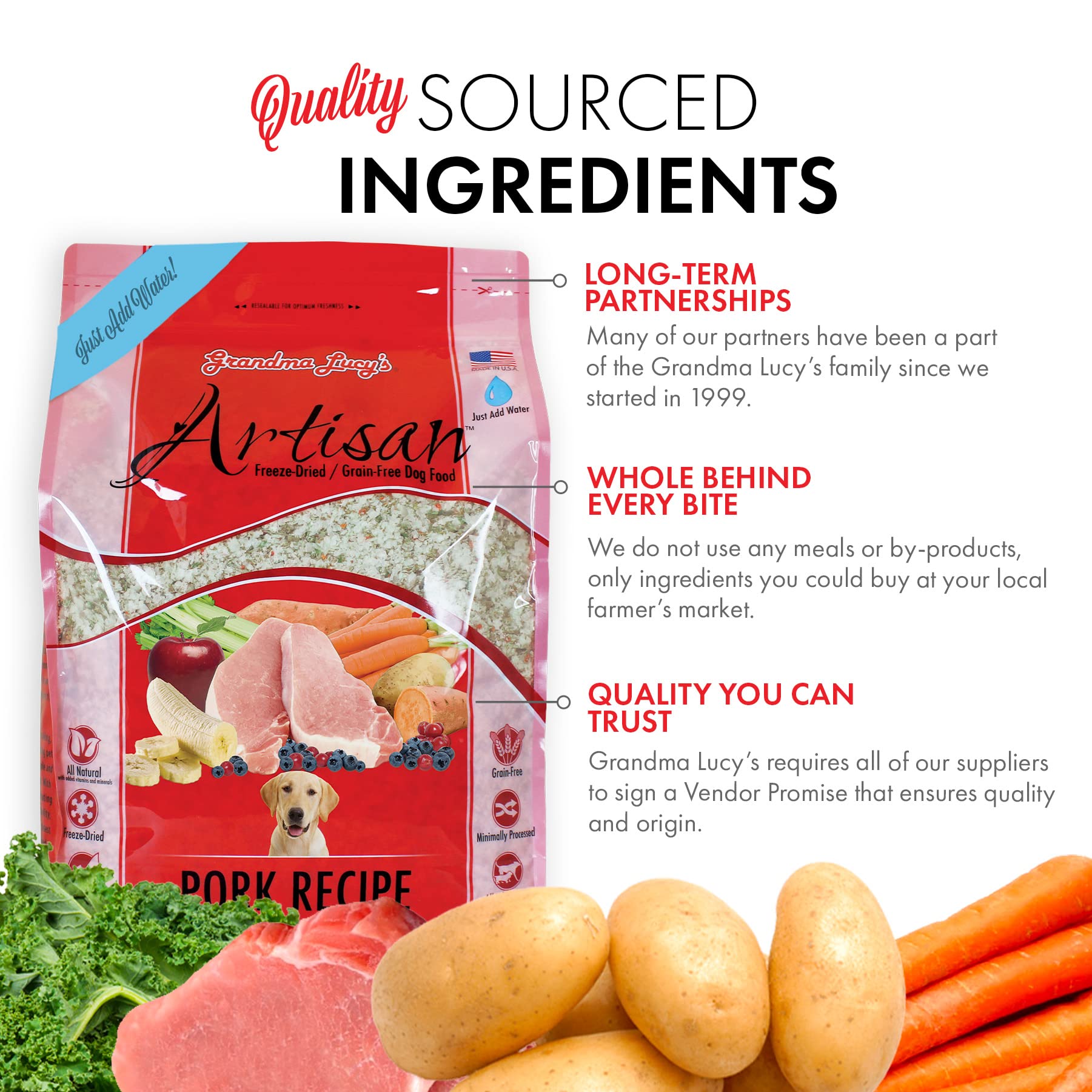 Grandma Lucys Artisan Dog Food, Grain Free and Freeze-Dried - Artisan Pork, 3Lb Bag