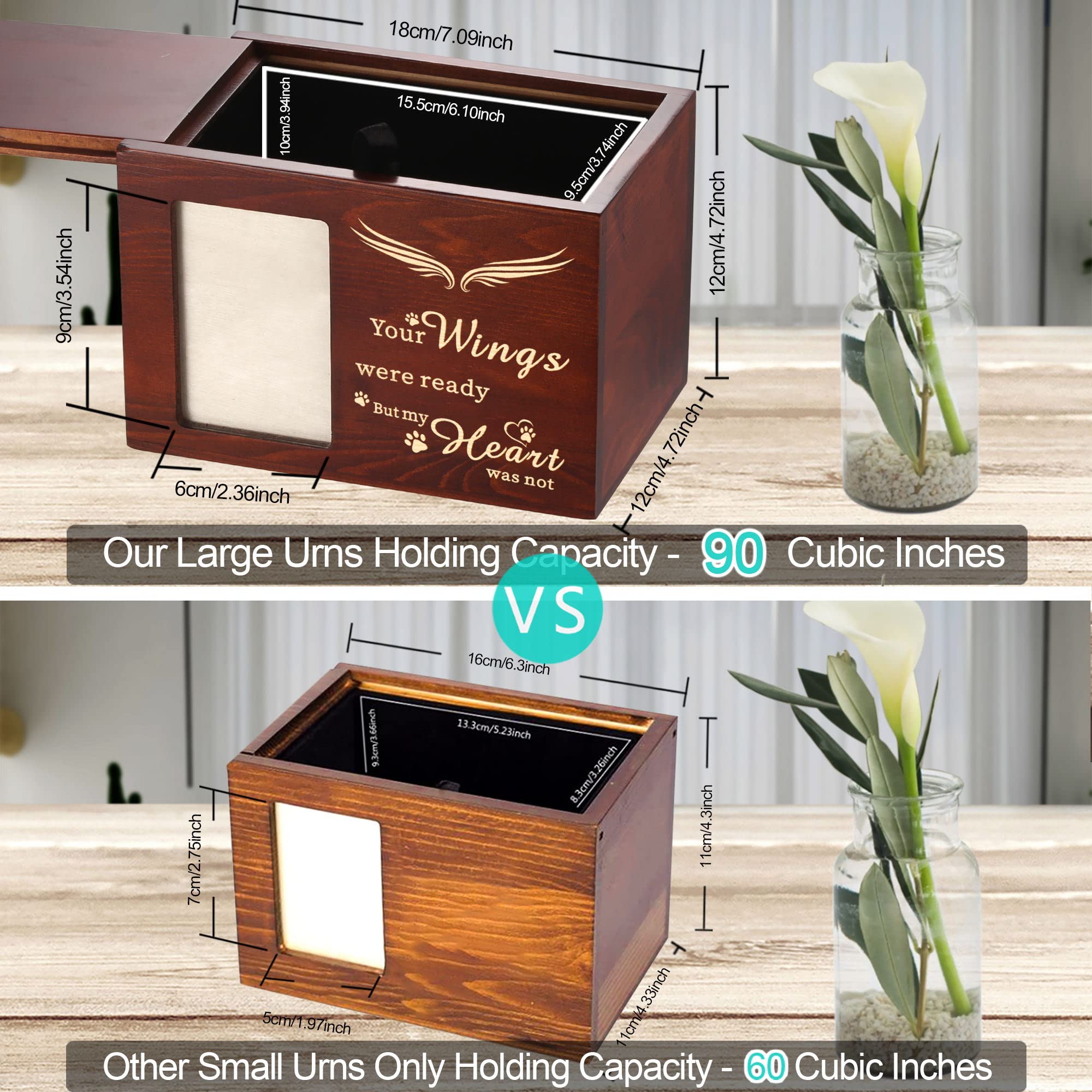 Pet Memorial Urns For Dog Or Cat Ashes, Large Wooden Funeral Cremation Urns With Photo Frame, Memorial Keepsake Memory Box With Black Flannel As Lining, Loss Pet Memorial Remembrance Gift