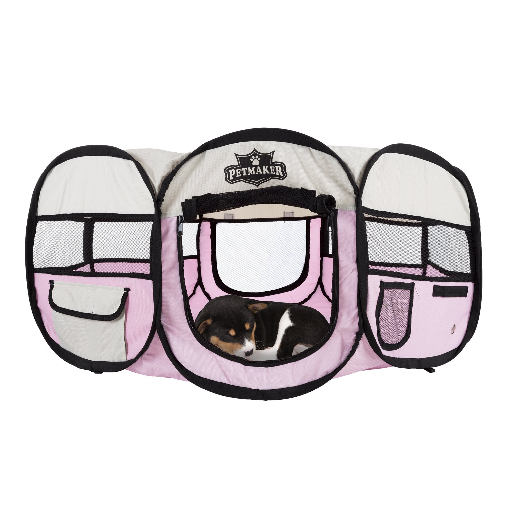 Portable Puppy Playpen - Small Pop-Up Play Yard for Pets Up to 25lbs with Mesh Windows, 2 Pockets, Zippered Roof, and Carry Bag 