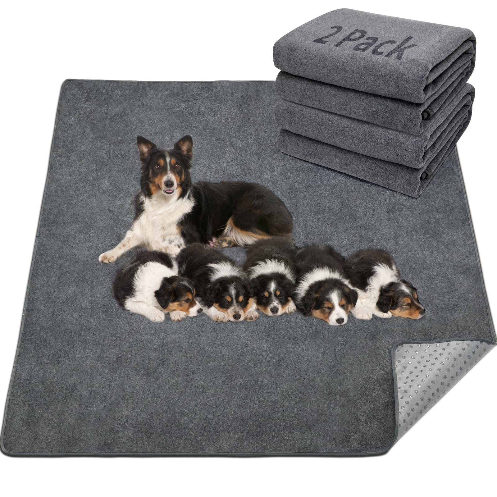 LOOBANI 2 Packs Extra Large Reusable Dog Mat for Floor, Non-Slip Washable Pee Pads for Dogs, Fast Absorbent Pet Whelping Pads, P