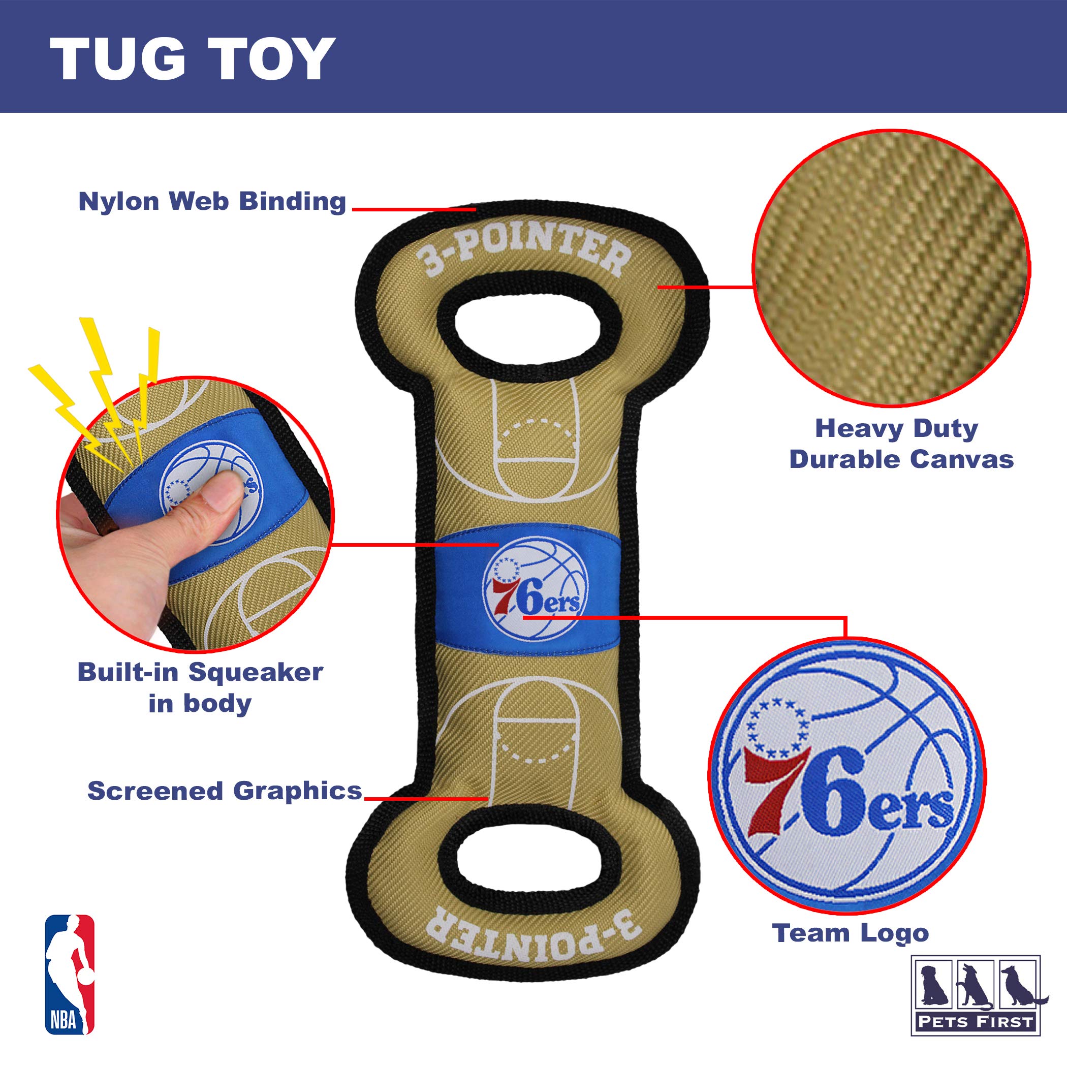 Pets First Nba Philadelphia 76Ers Field Toy. - Tough Nylon Pet Toy With Double Trim Stitching & Inner Squeaker, One Size, 76R-30