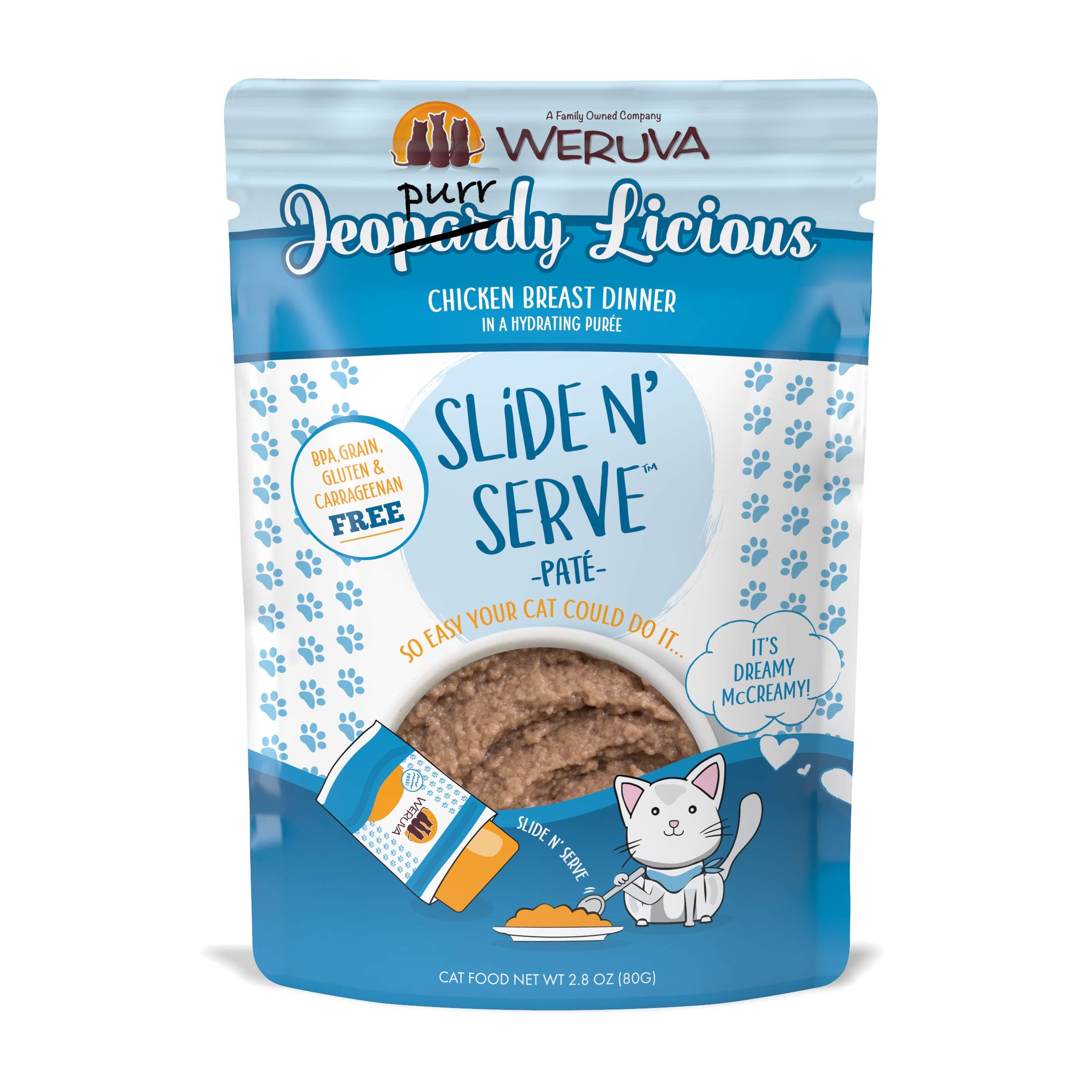 Weruva Slide N Serve Pat   Wet Cat Food, Jeopurrdy Licious Chicken Dinner, 2.8oz Pouch (Pack of 12)
