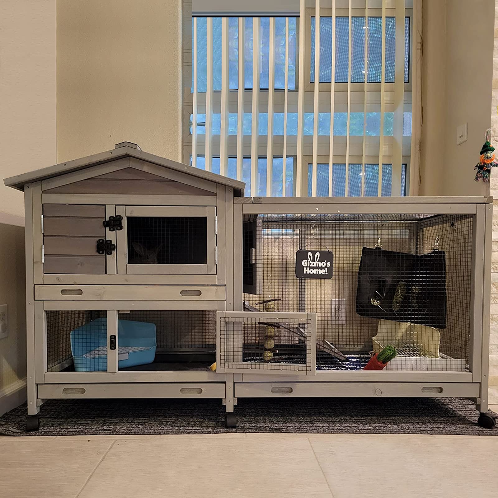 Bunny Cage Indoor And Outdoor Rabbit Hutch With Casters Waterproof Roof, Pull Out Tray From Back And Front 61.2' L X 22.6' W X 33.5' H
