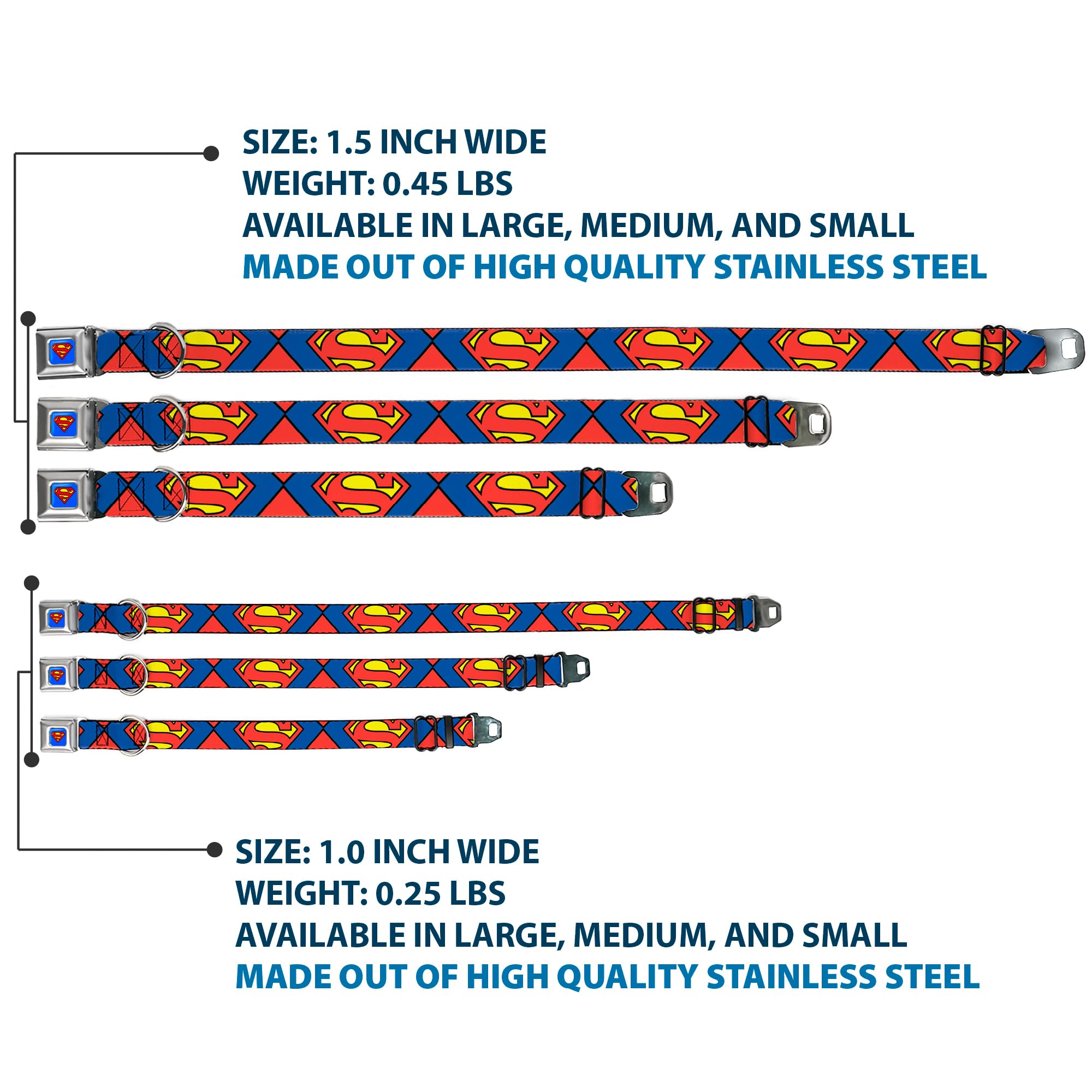 Buckle-Down Dog Collar Seatbelt Buckle Superman Shield Close Up Blue Red Yellow 15 To 26 Inches 1.0 Inch Wide
