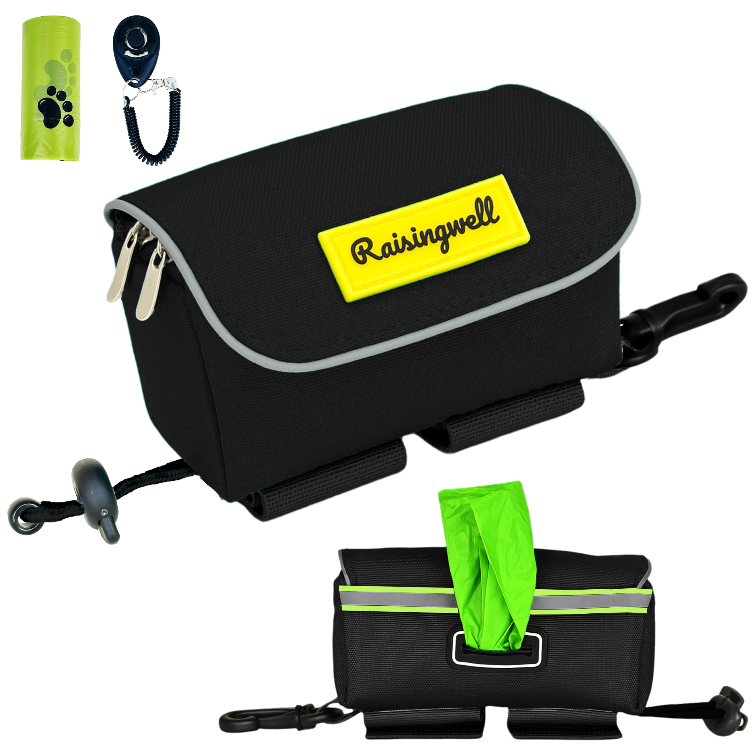 Dog Poop Bag Holder for Leash, 2 Waterproof Zipper Pouches, Dog Treat Pouch for Pet Walking Accessories, with Dispenser, Trainin