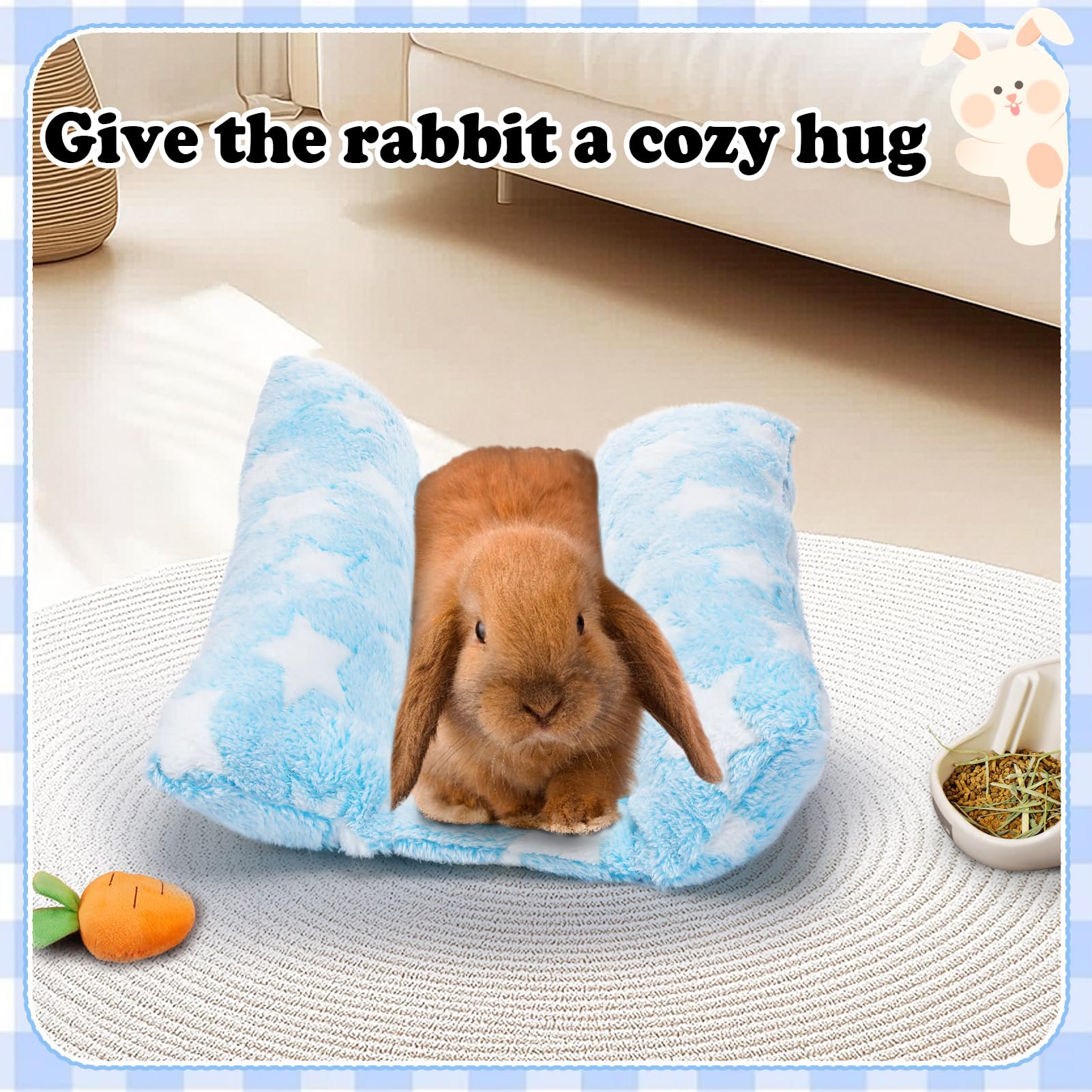 MEWTOGO Bunny Bed - Plush Flop Mat 15.7"x14", Soft Flannelette, Light Blue-Star, Includes Cotton Lounger Pillows, Model MEWTOGO-L-Star