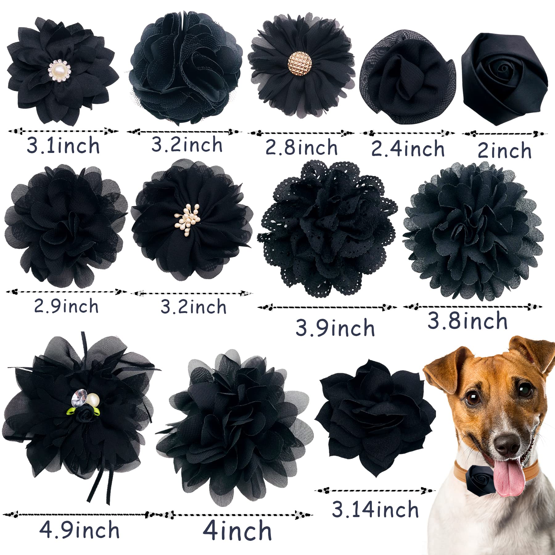 PET SHOW 12pcs Black Dog Collar Bows and Flowers Attachment for Girls Boys Puppies Cats Small Medium Dogs Collars Embellishment