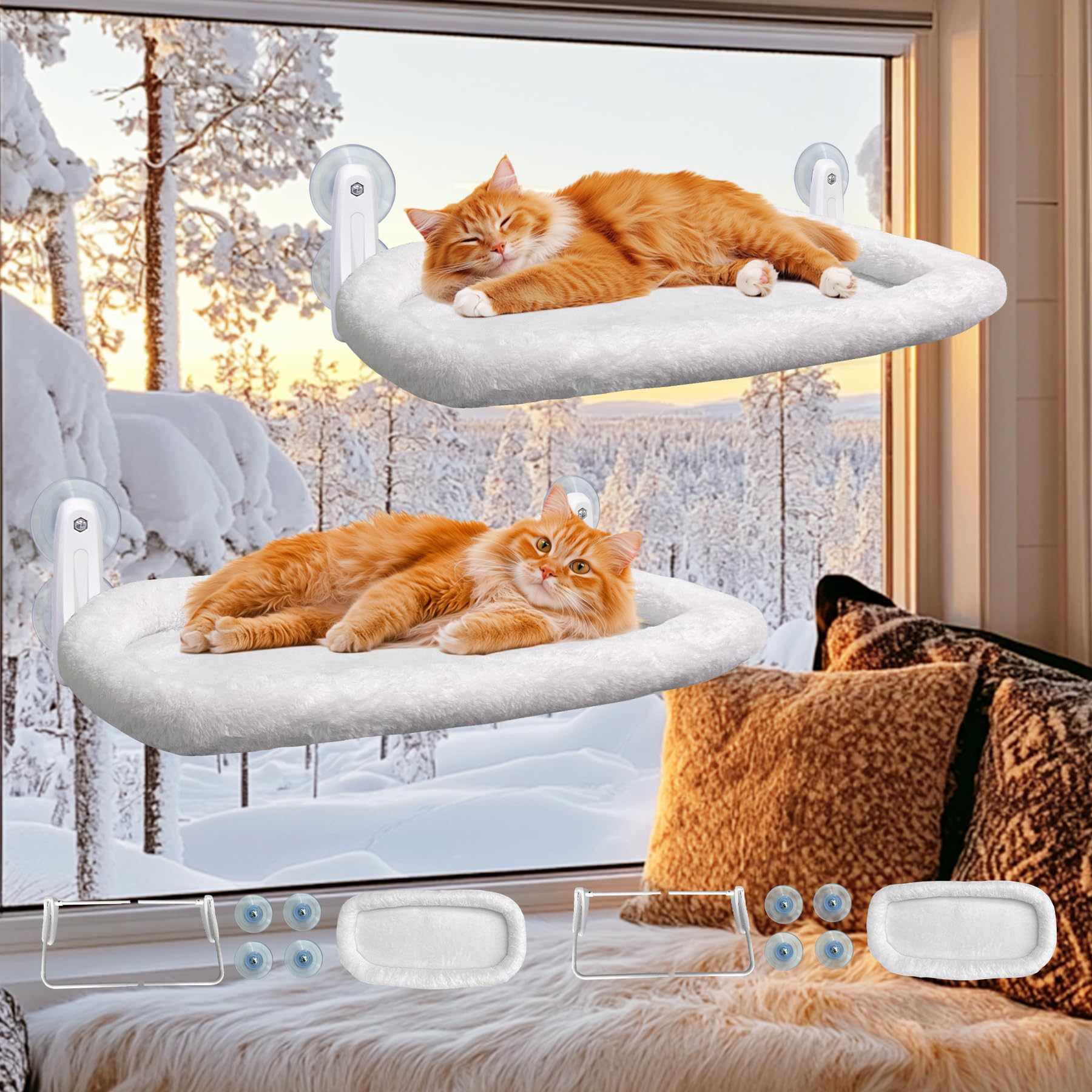 L&W Bros. Window Perch 2 Pack Cat Hammock With 4 Suction Cups - Easy To Assemble 20.5''X 11.2'' Window Bed For Large Heavy Cats 