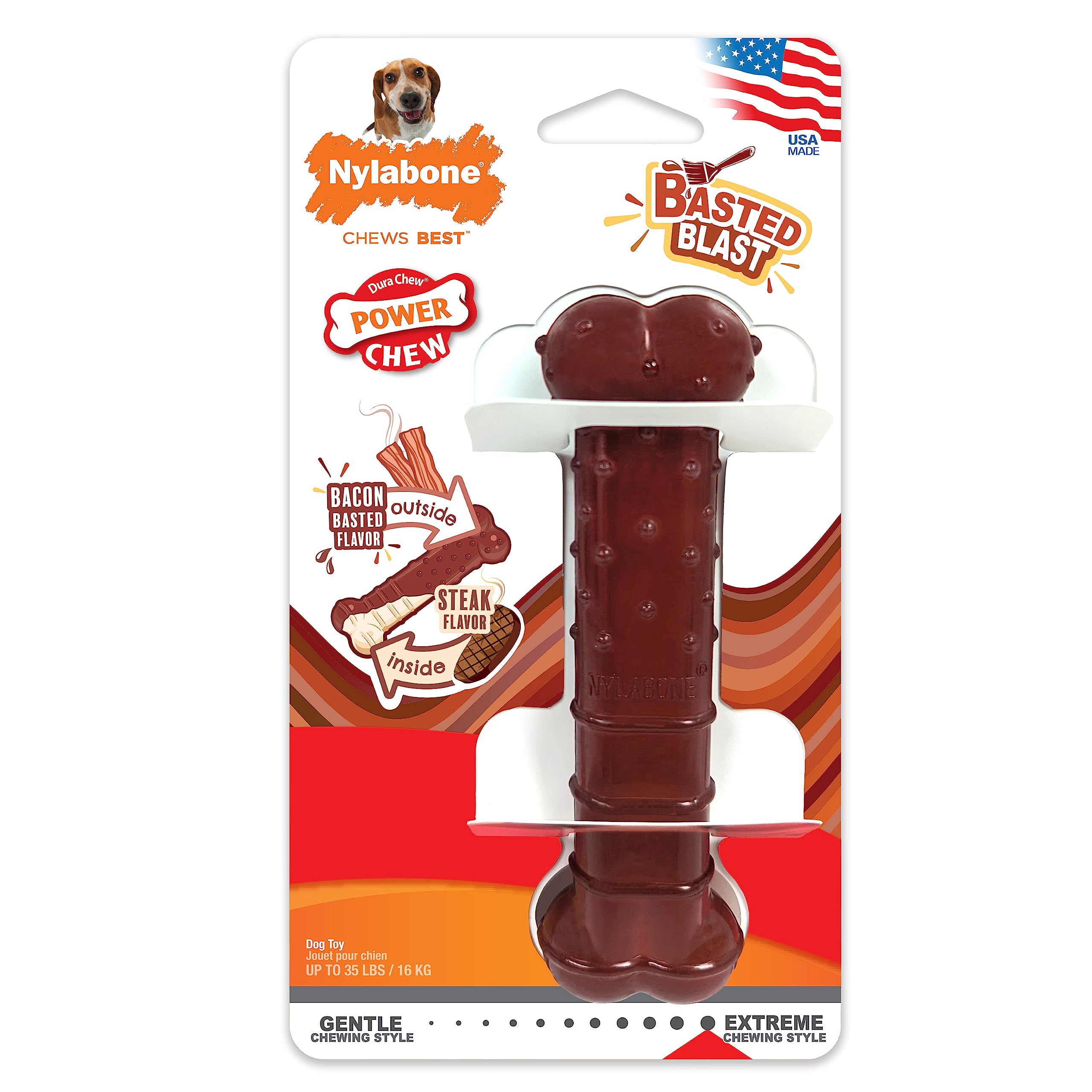 Nylabone Basted Blast Textured Bone Power Chew Toy For Dogs, Dog Toys For Aggressive Chewers, Bacon & Steak Flavor, Medium - Up To 35 Lbs, 1 Count