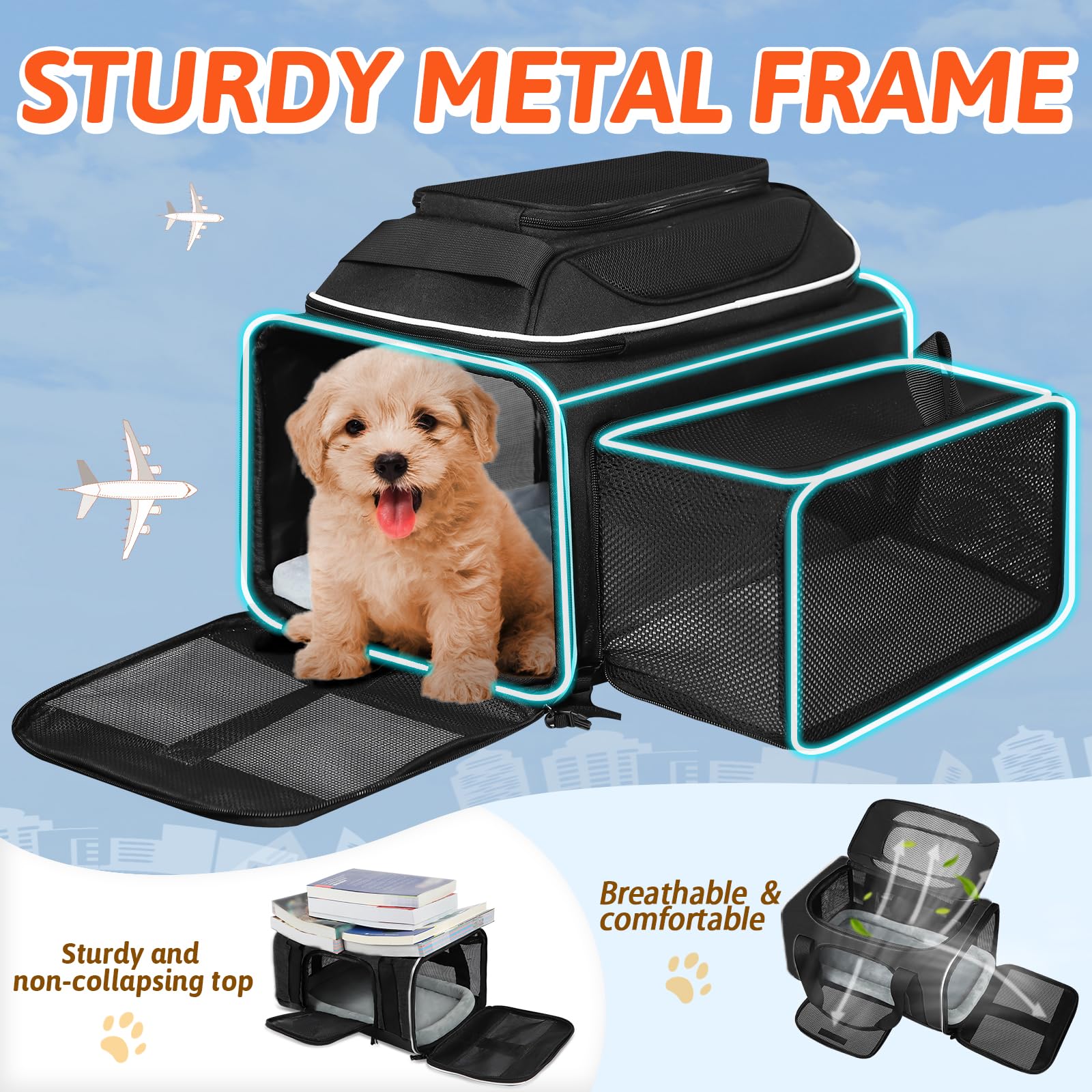 Petskd Top And Side Expandable Pet Carrier 17X12X8.5 Inches Jetblue Frontier Spirit Airline Approved, Soft-Sided Carrier For Small Cats And Dogs With Locking Safety Zipper And Anti-Scratch Mesh(Black)