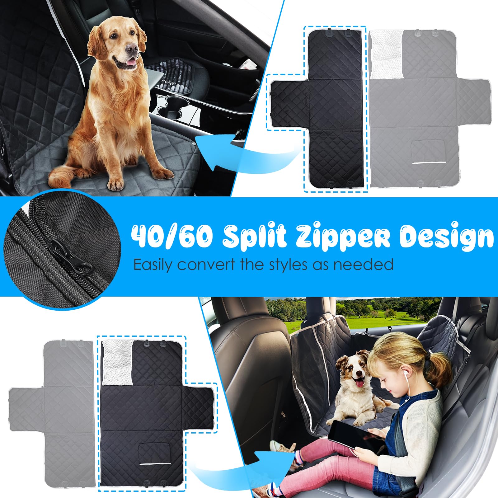 URPOWER Dog Car Seat Cover, Waterproof Hammock for Back Seat, Standard Size 54"x58", Black with Gray, Model SC-025