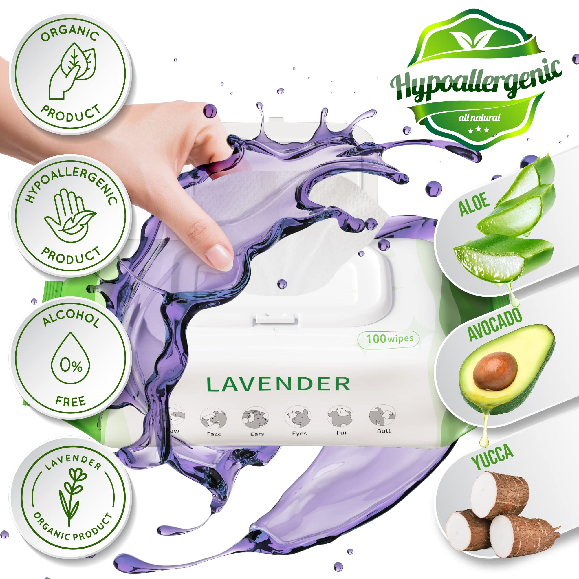 Petazy Dog Wipes - 400 Organic Lavender Scented Cleaning Wipes + 5 Bonus Glove Wipes for Paws, Butt, Ears, and Eyes