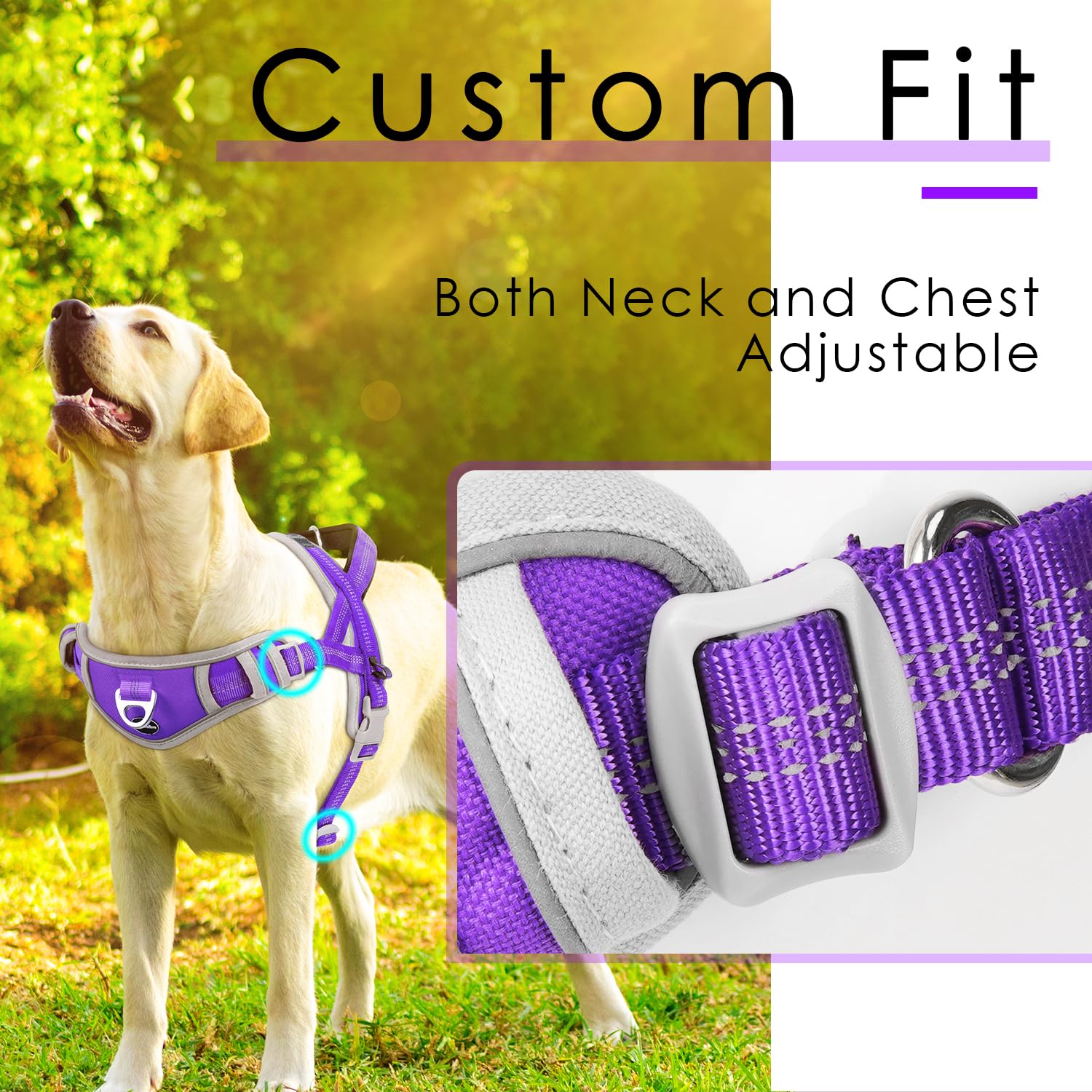 ADVENTUREMORE No Pull Dog Harness, Adjustable XL Reflective Vest, Purple - Escape Proof with QR Code Tag, Easy Control Front Clip