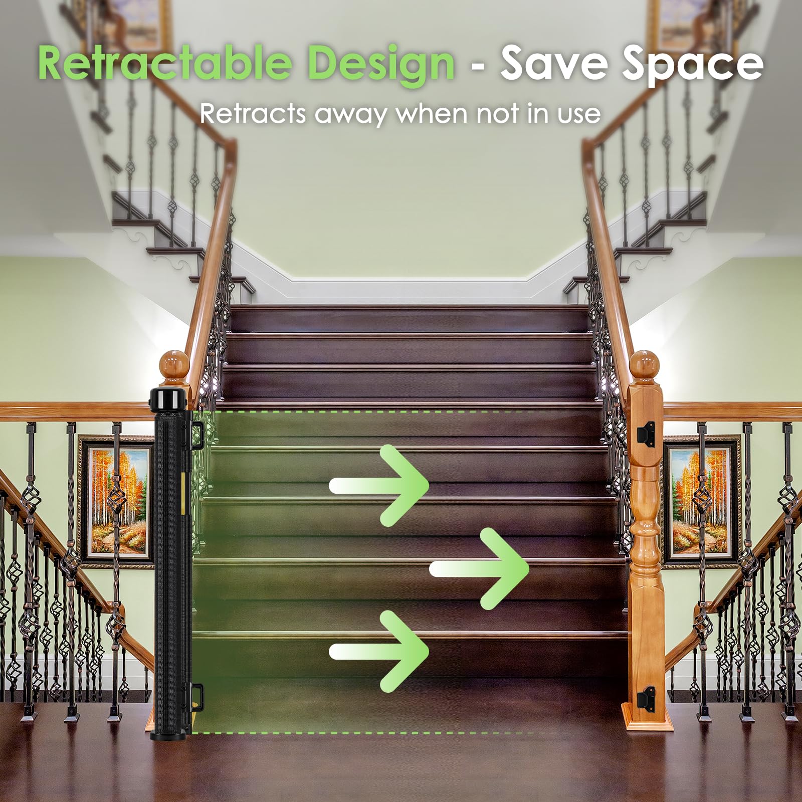 Reinforced Retractable Baby Gate for Stairs with Support Rods, 33'' Tall, Extends up to 55'' Wide, Mesh Stairway Gate Banister B